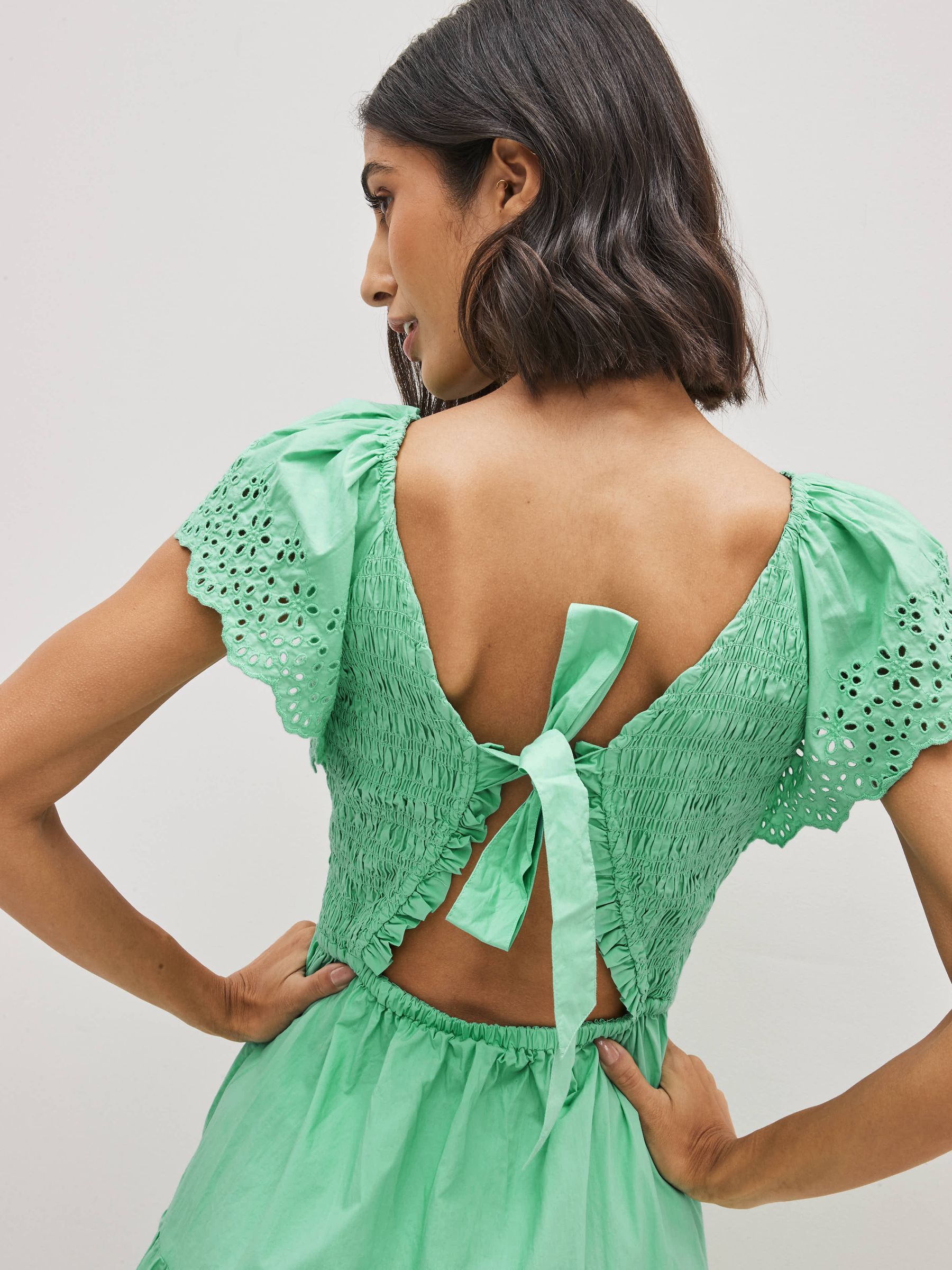 Green Tiered V-Neck Broderie Flutter Sleeve Mini Dress - Image 4 of 5