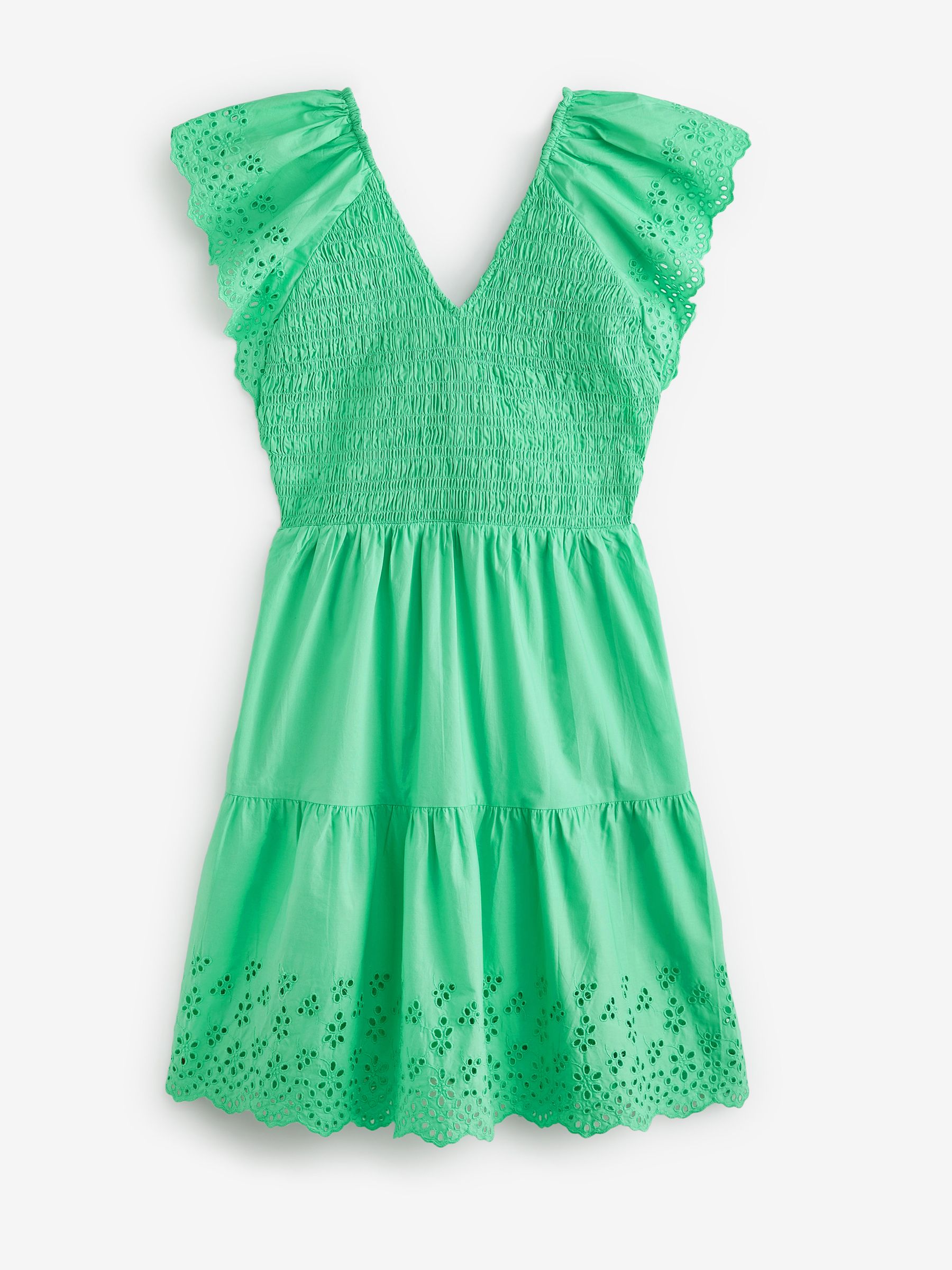 Green Tiered V-Neck Broderie Flutter Sleeve Mini Dress - Image 5 of 5