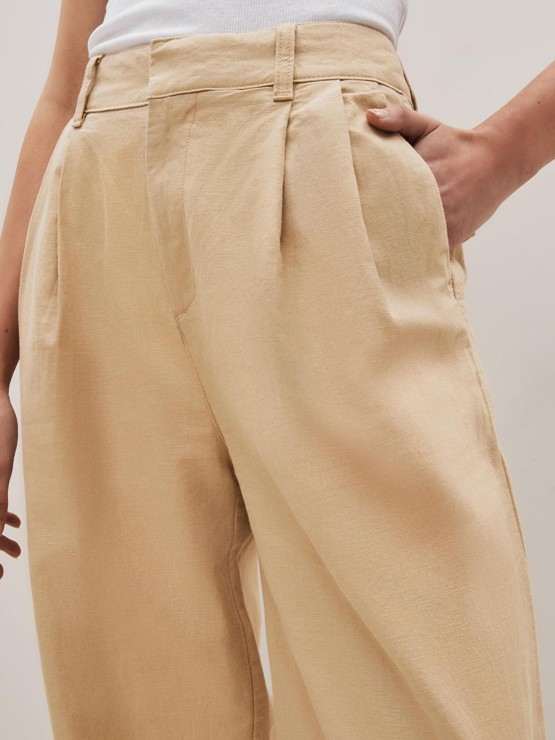Beige Linen Blend Pleated Trousers - Image 4 of 6