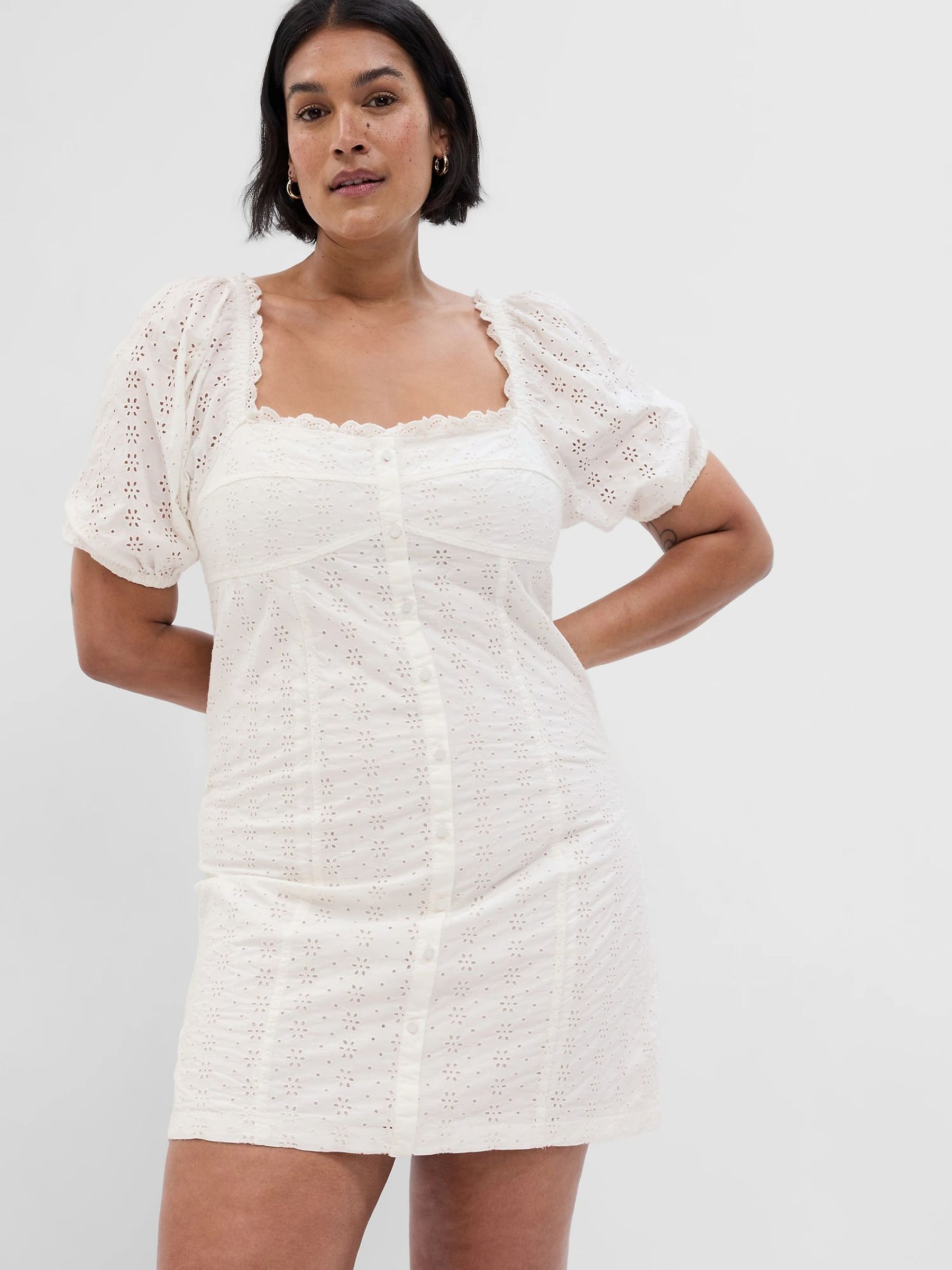 White Broderie Square Neck Puff Sleeve Mini Dress - Image 4 of 4