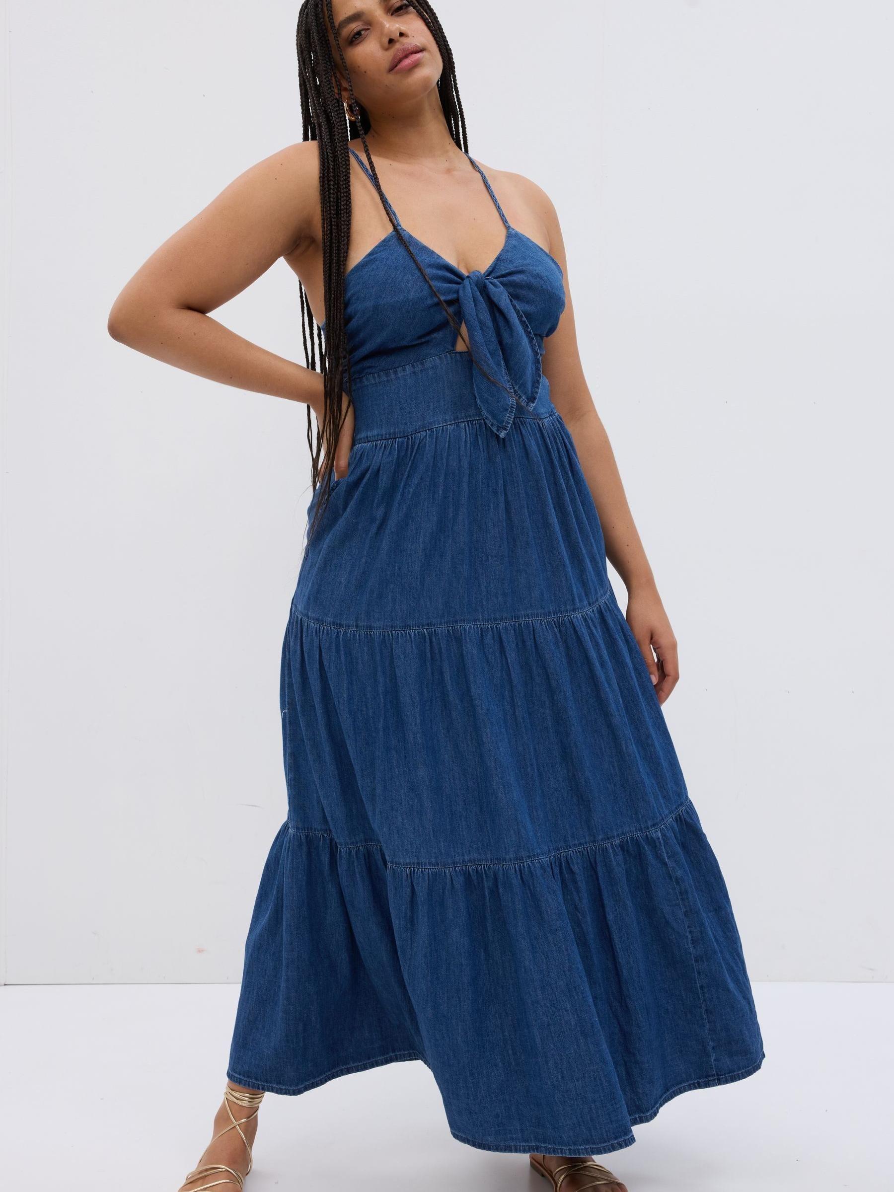 Blue TieFront Sleeveless Tiered Denim Maxi Dress - Image 1 of 3