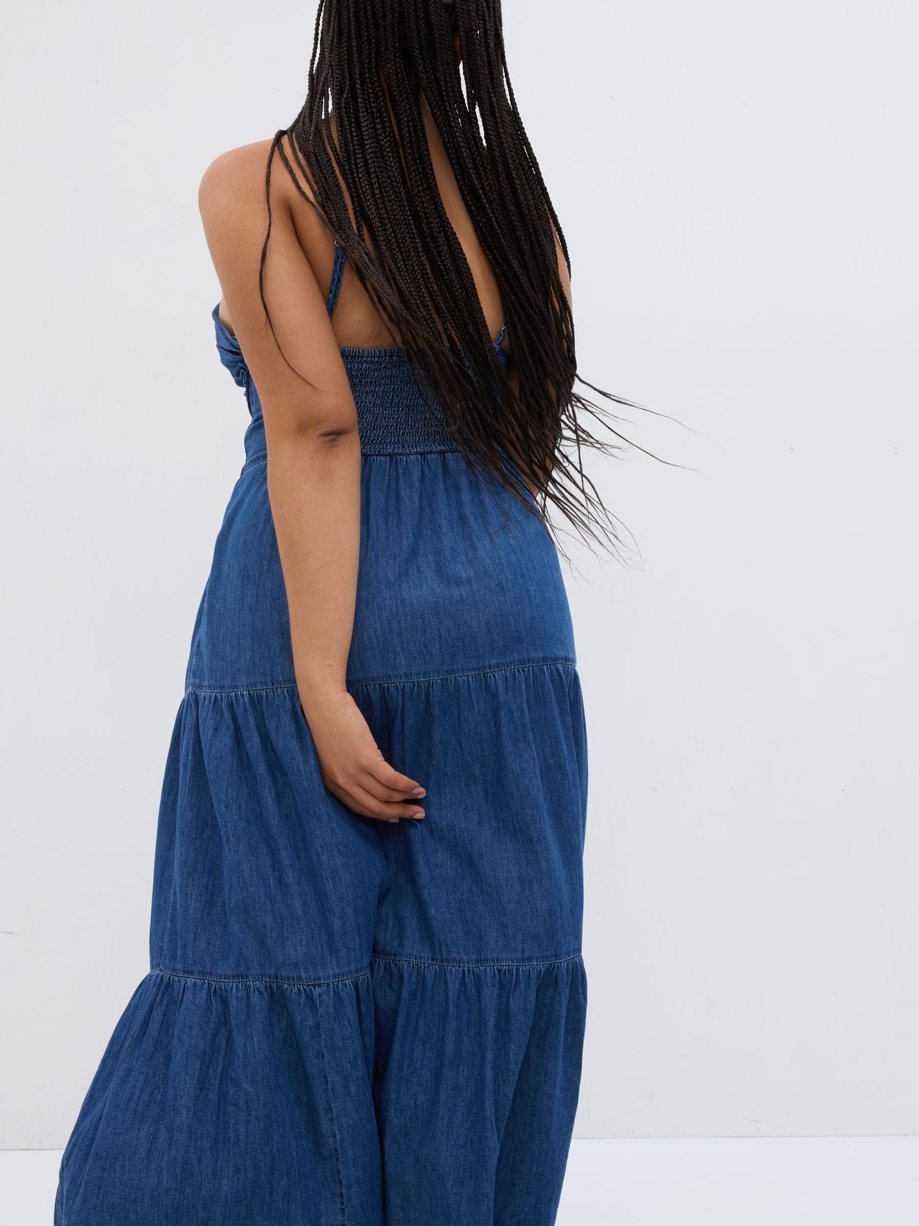 Blue TieFront Sleeveless Tiered Denim Maxi Dress - Image 2 of 3