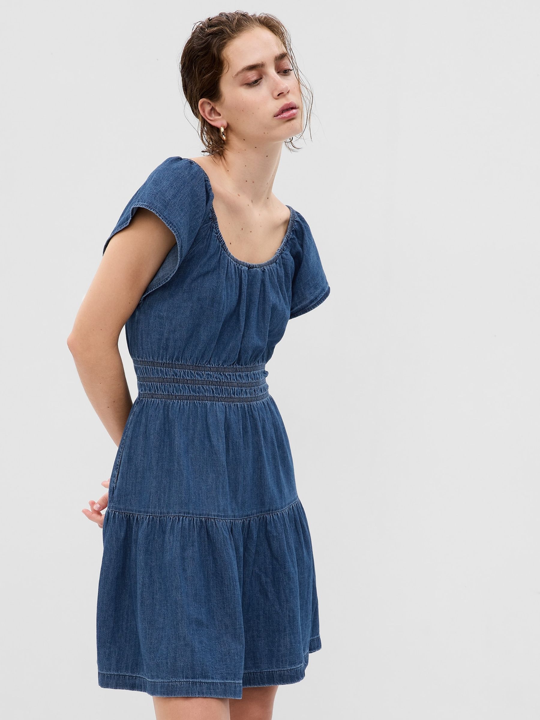 Denim Short Flutter Sleeve Tiered Round Neck Mini Dress - Image 3 of 6