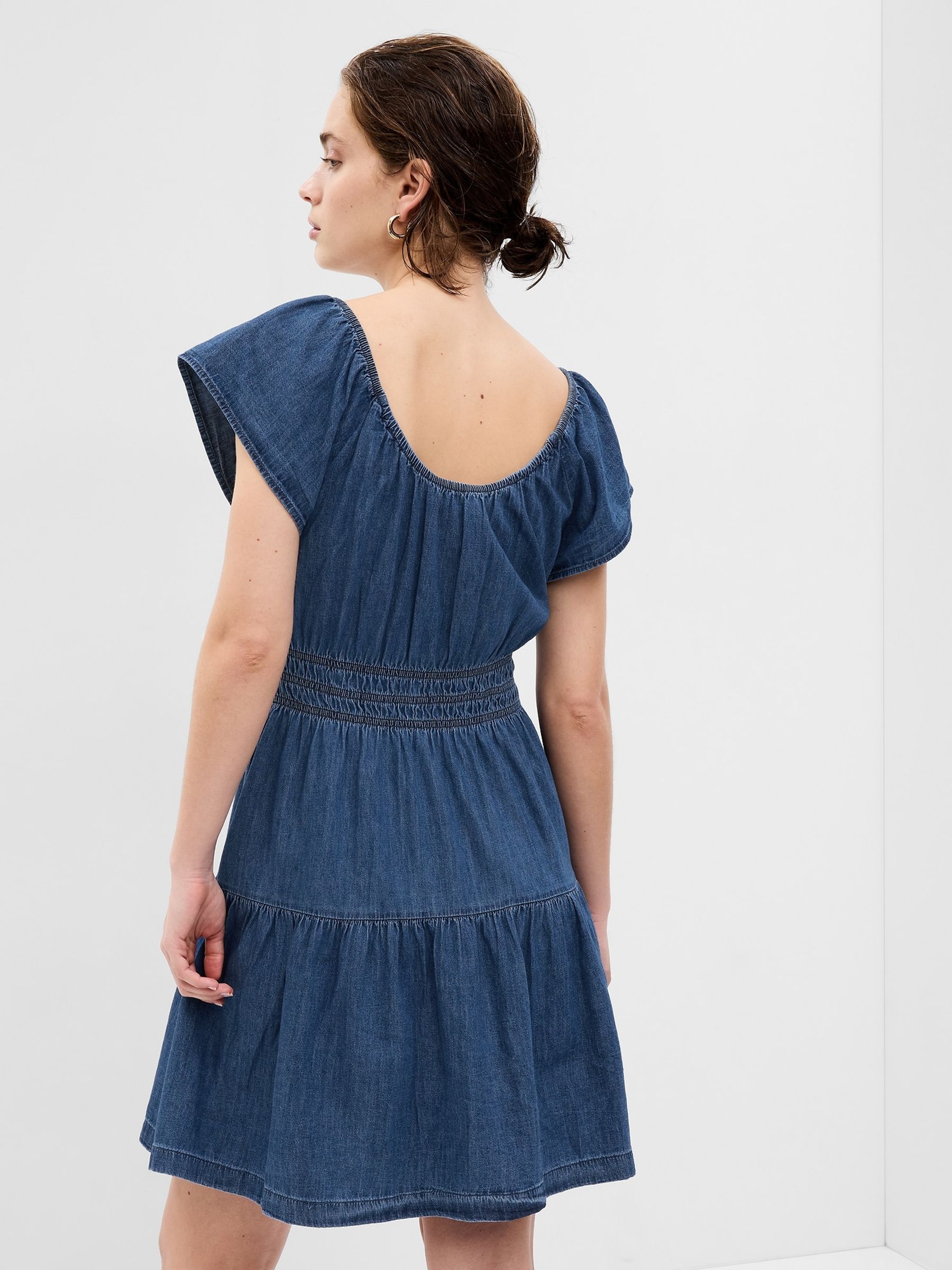 Denim Short Flutter Sleeve Tiered Round Neck Mini Dress - Image 5 of 6