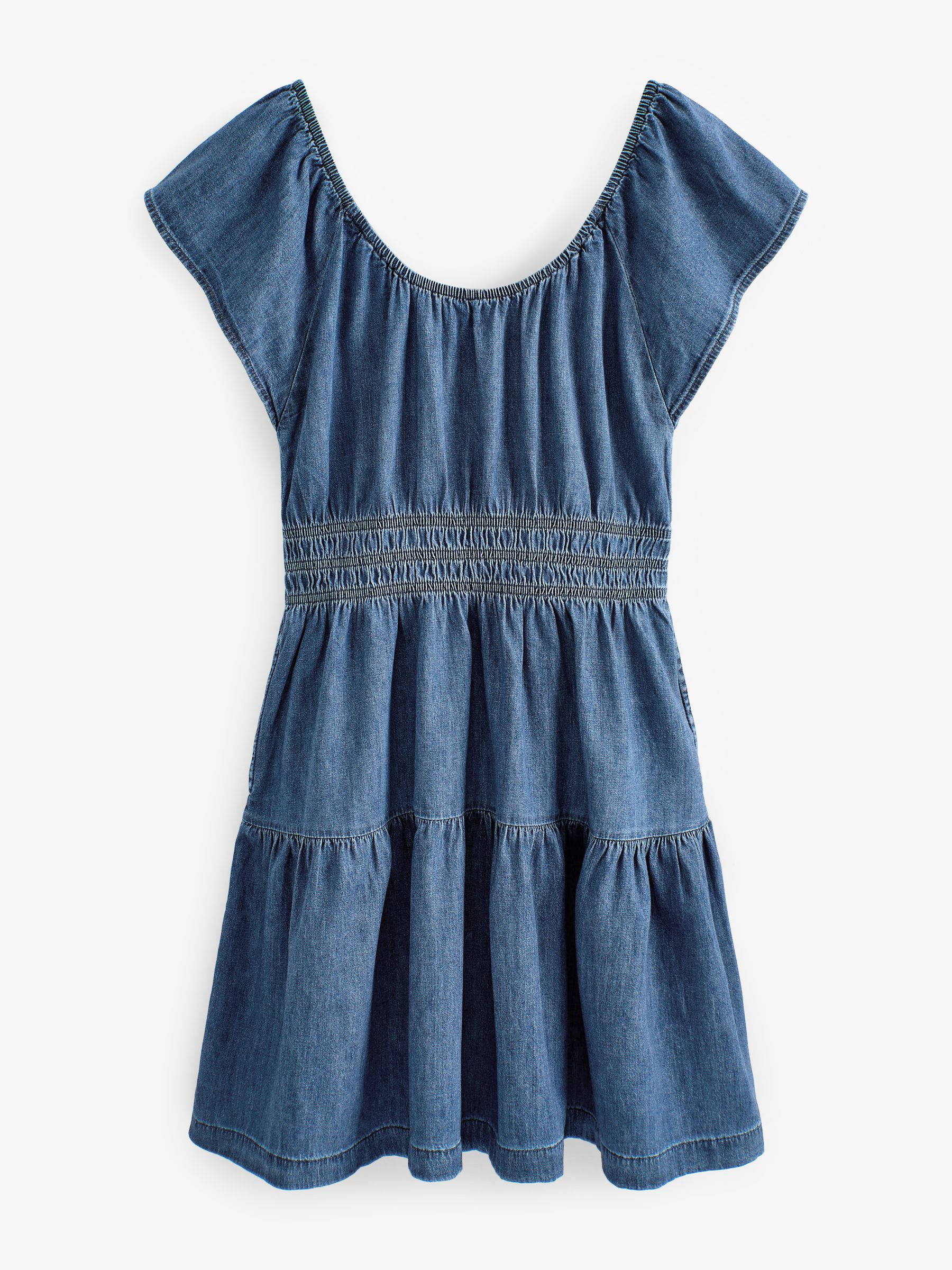 Denim Short Flutter Sleeve Tiered Round Neck Mini Dress - Image 6 of 6 Denim Short Flutter Sleeve Tiered Round Neck Mini Dress - Image 6 of 6