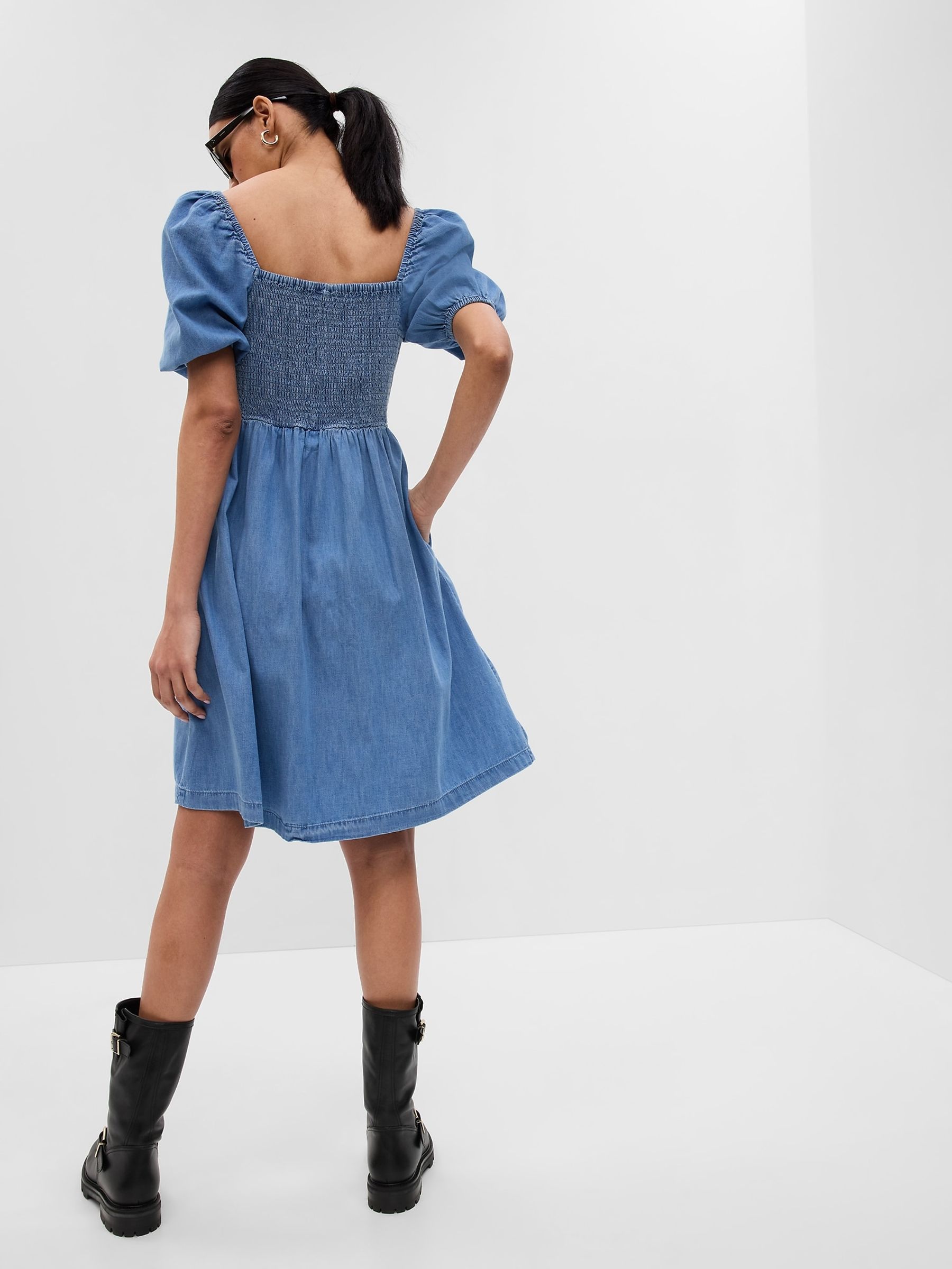 Blue Puff Mid Sleeve Denim Mini Dress - Image 2 of 5