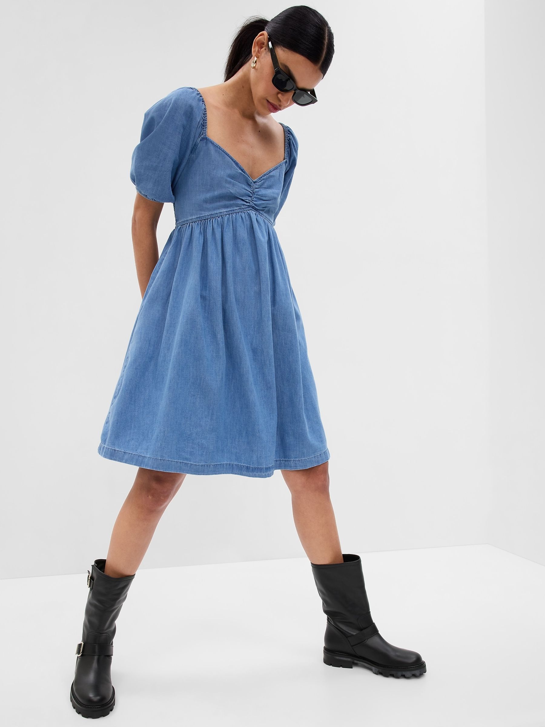 Blue Puff Mid Sleeve Denim Mini Dress - Image 3 of 5