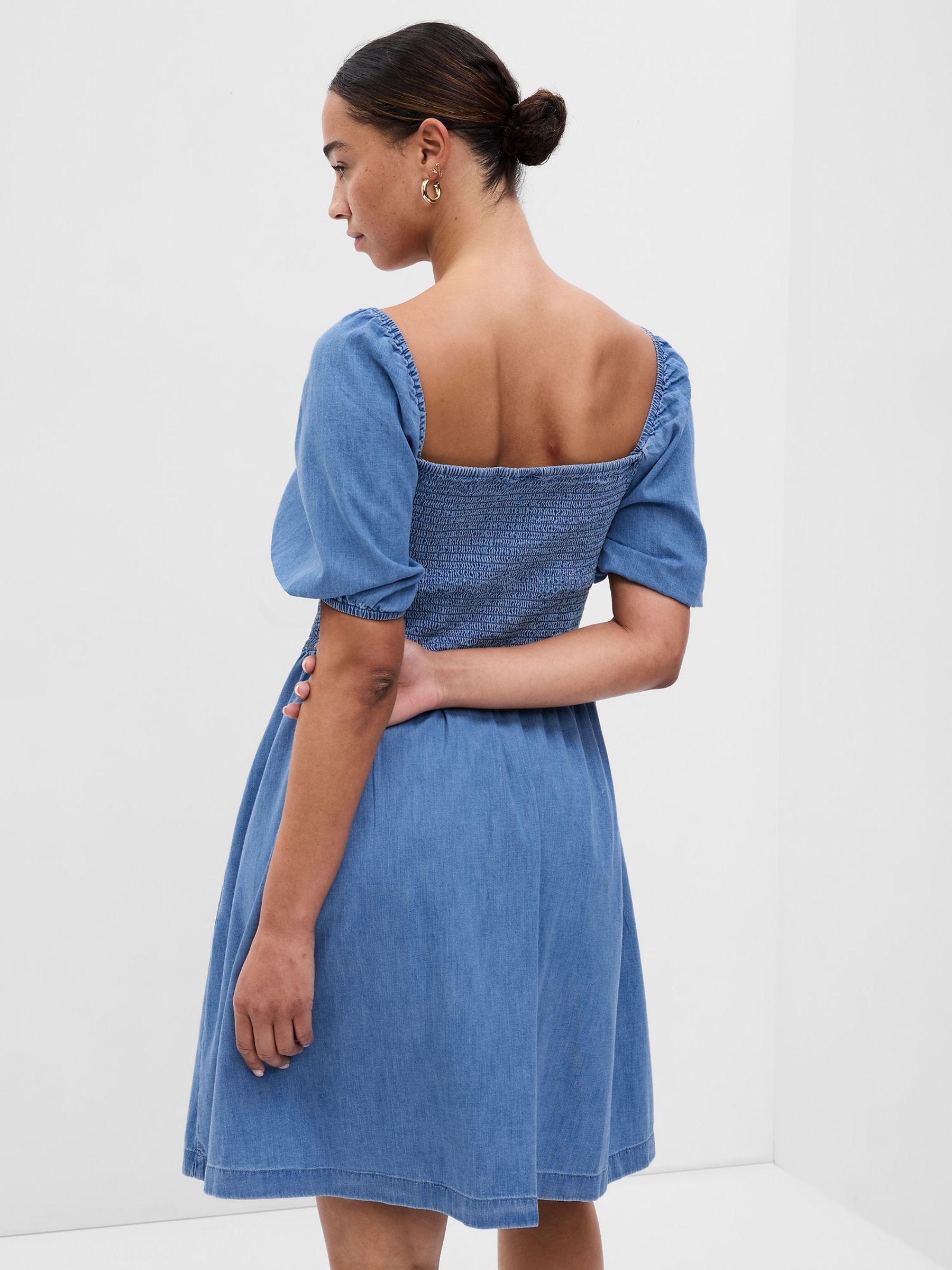 Blue Puff Mid Sleeve Denim Mini Dress - Image 4 of 5