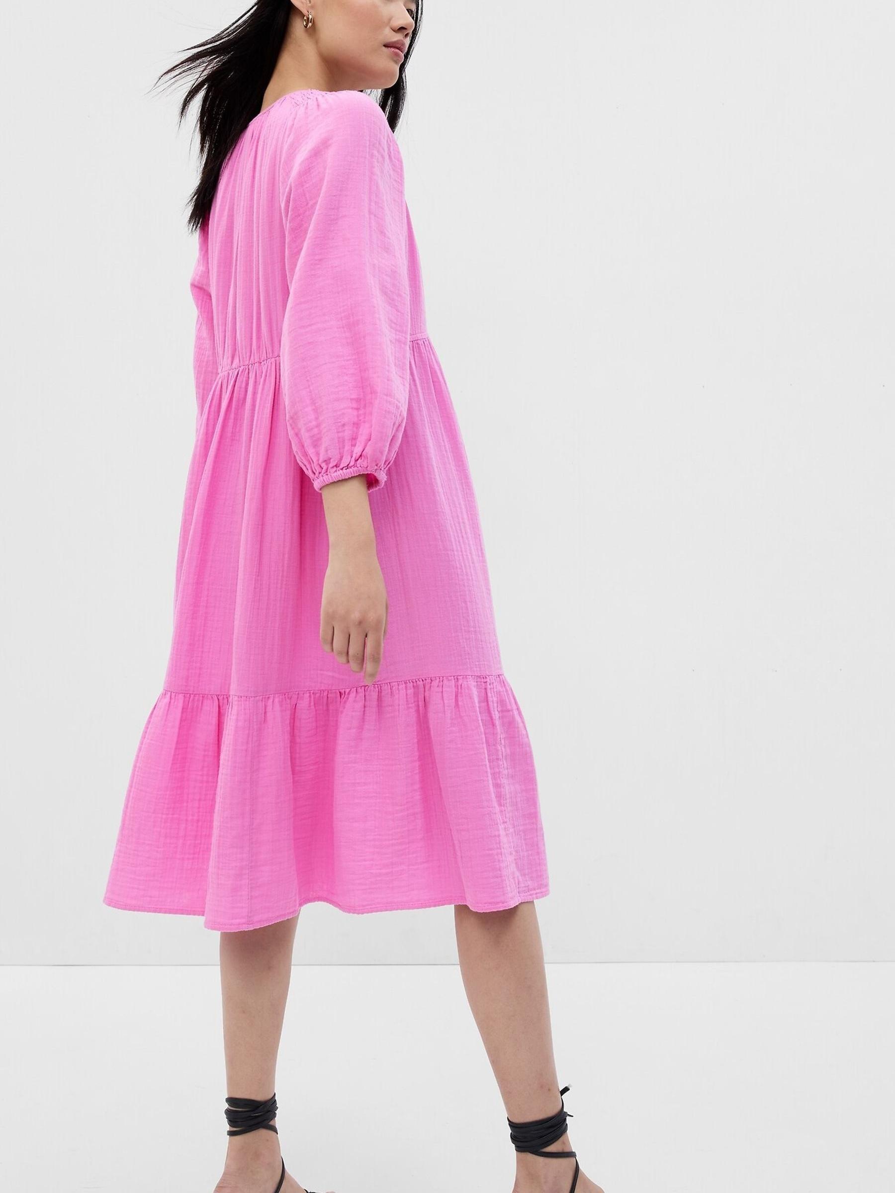 Pink Gauze V-Neck Long Puff Sleeve Midi Dress - Image 2 of 3