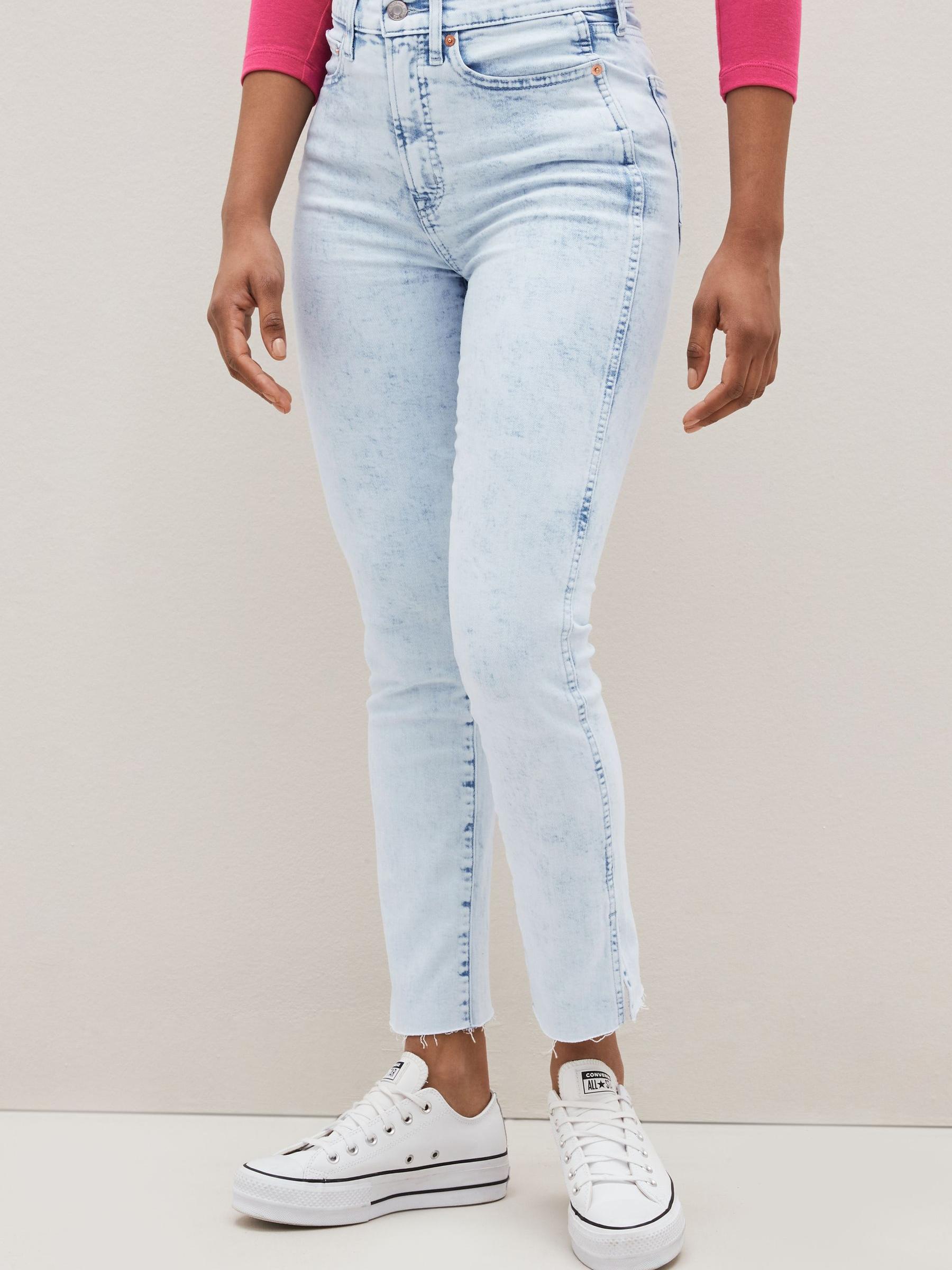 Light Wash Blue High Waisted Split Hem Vintage Slim Jeans - Image 1 of 5