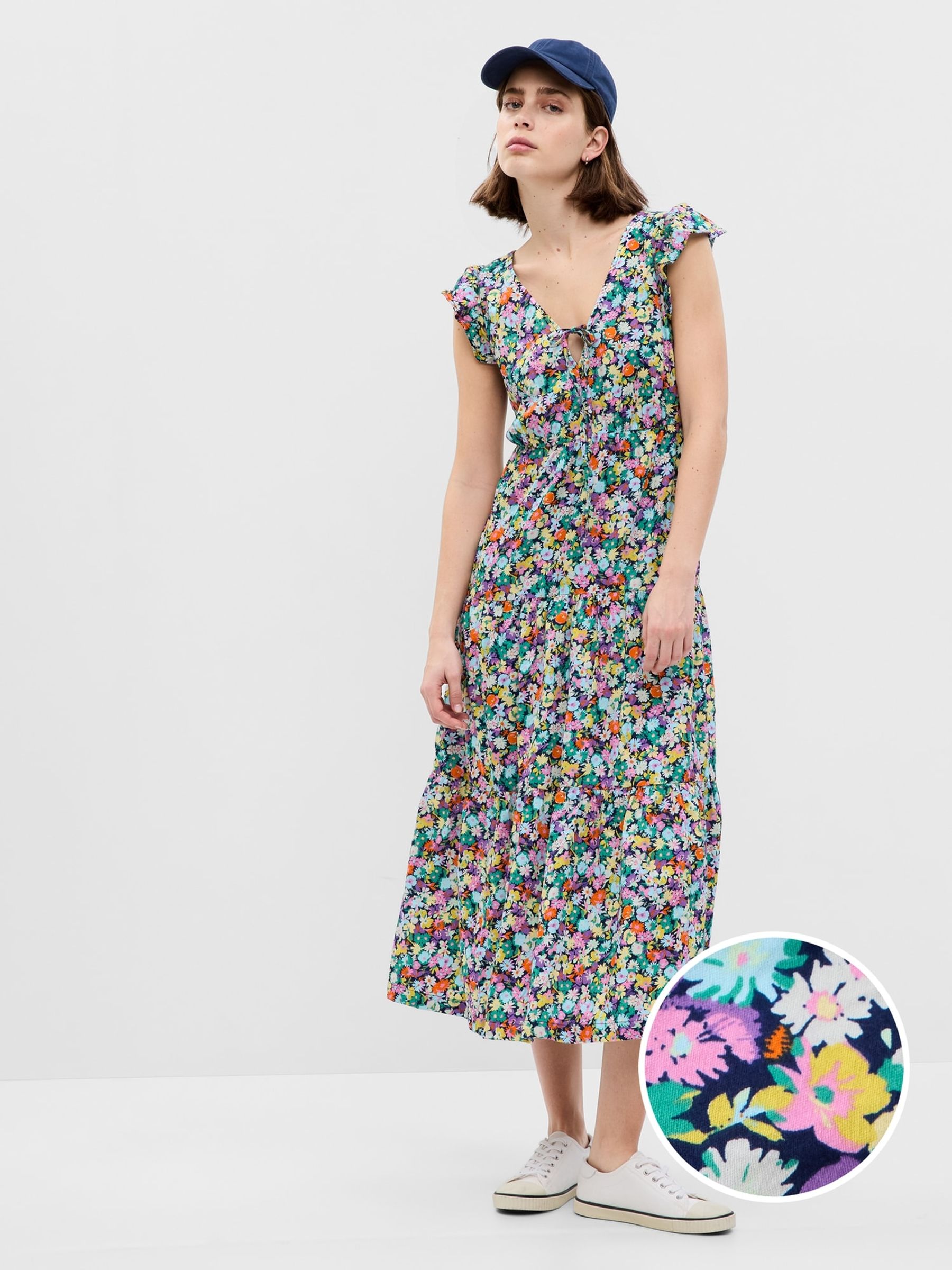 White Flutter Sleeve V-Neck Midi Dress - Image 1 of 4