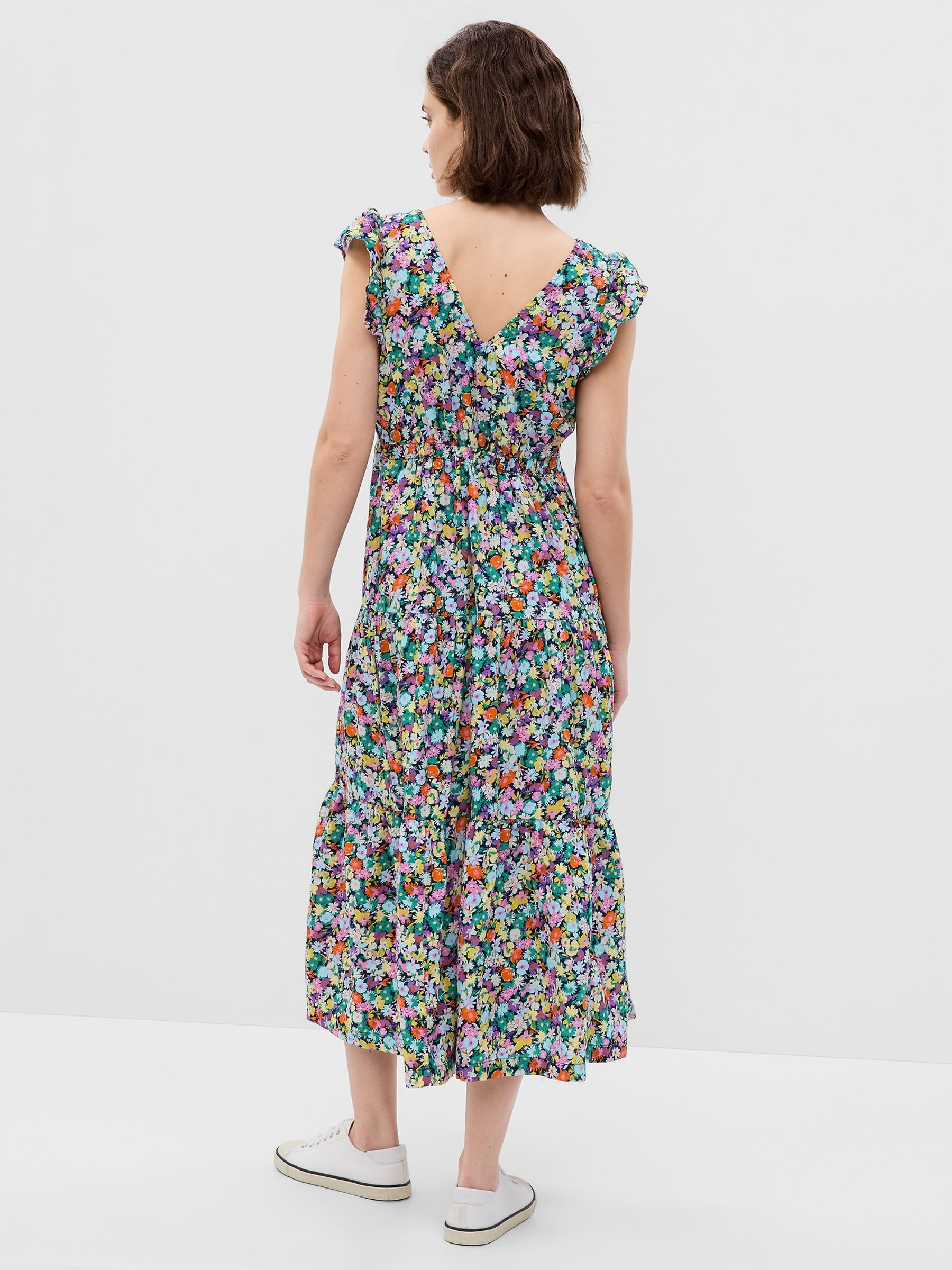 White Flutter Sleeve V-Neck Midi Dress - Image 2 of 4