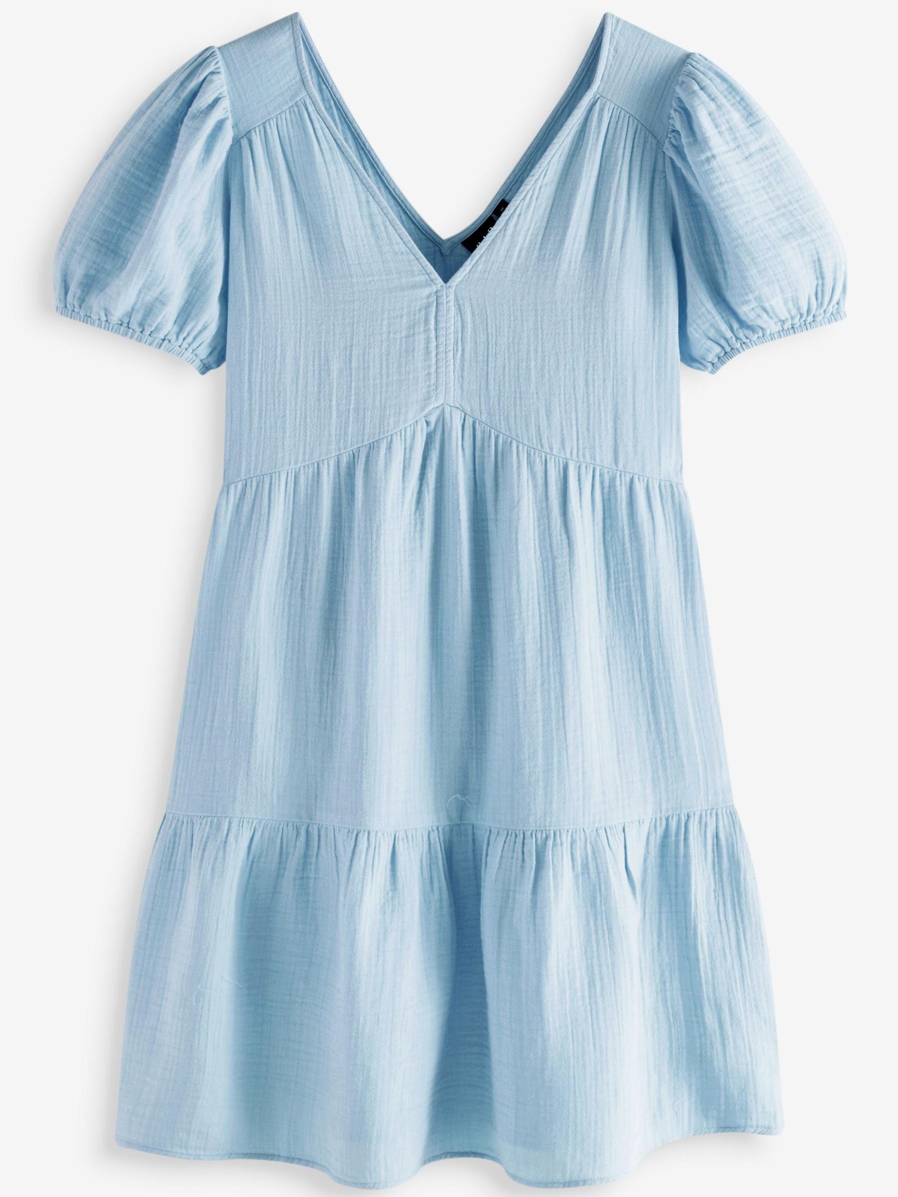 Blue Crinkle Gauze Puff Sleeve Tiered Mini Dress - Image 1 of 2
