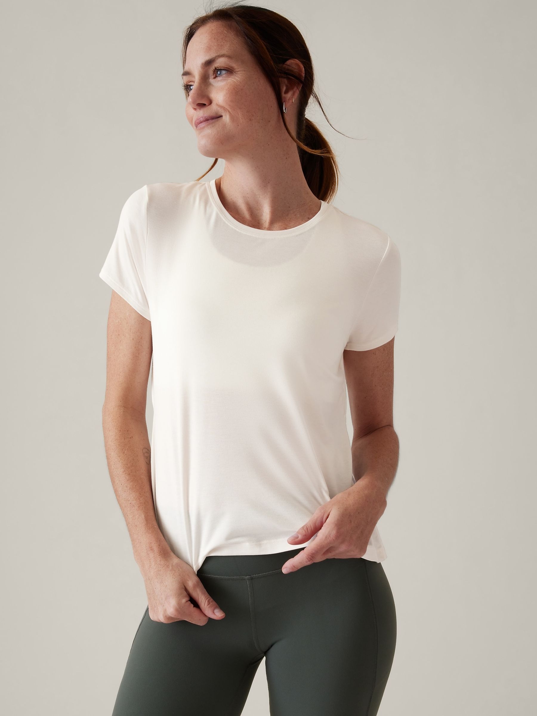 Athleta Cream Short Sleeve Crew Neck Air Out T-Shirt - Image 1 of 3