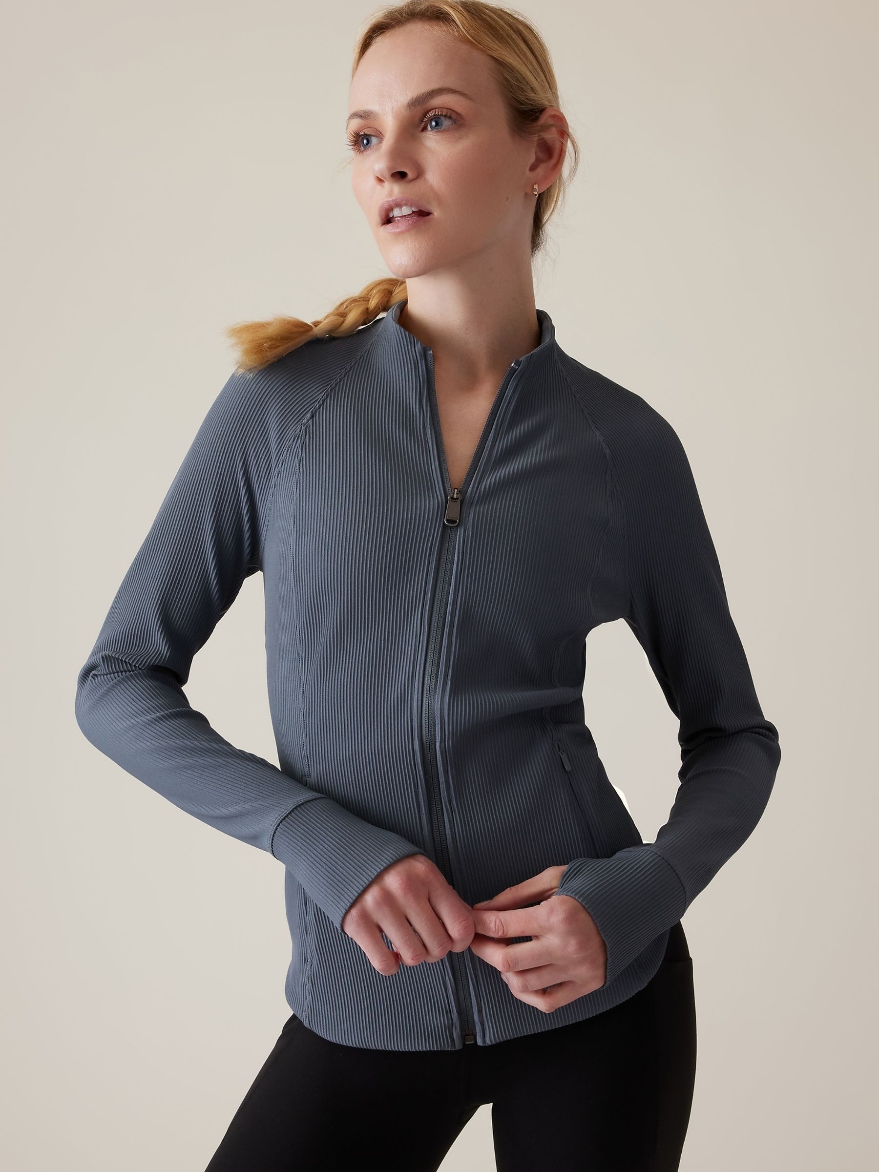Athleta Blue Ribbed Zip Through Sweatshirt - Image 1 of 5