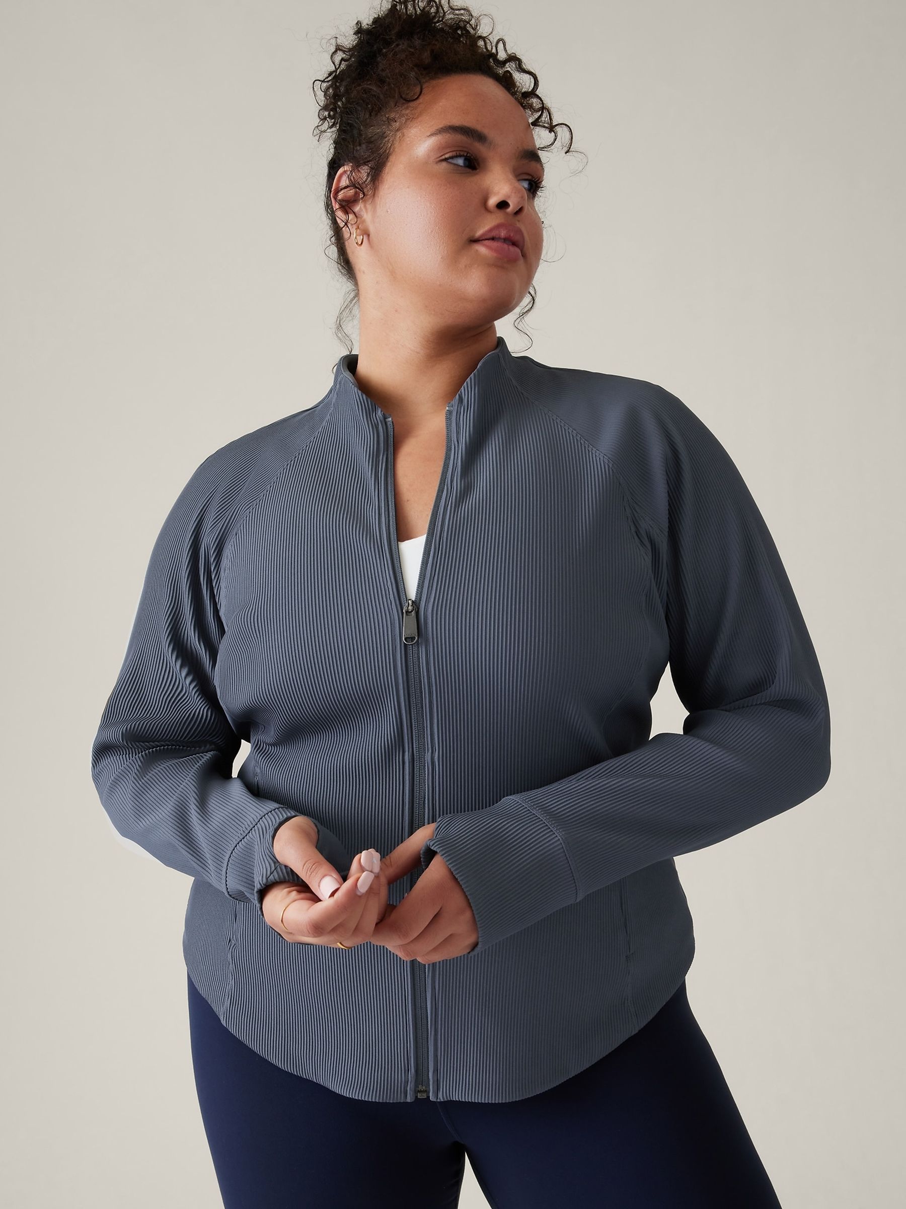 Athleta Blue Ribbed Zip Through Sweatshirt - Image 3 of 5