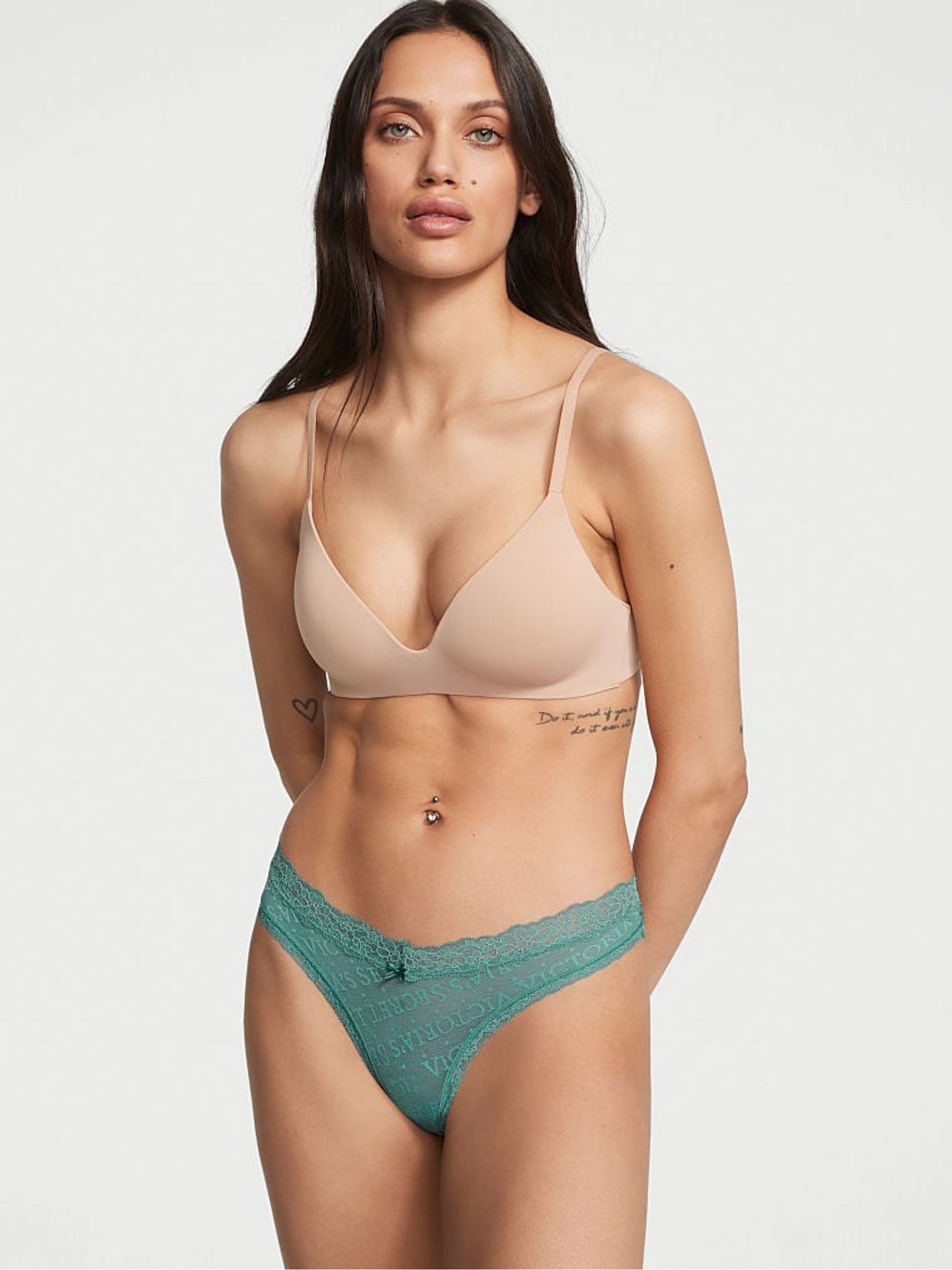 French Sage Green Lace Logo Thong Knickers - Image 1 of 3
