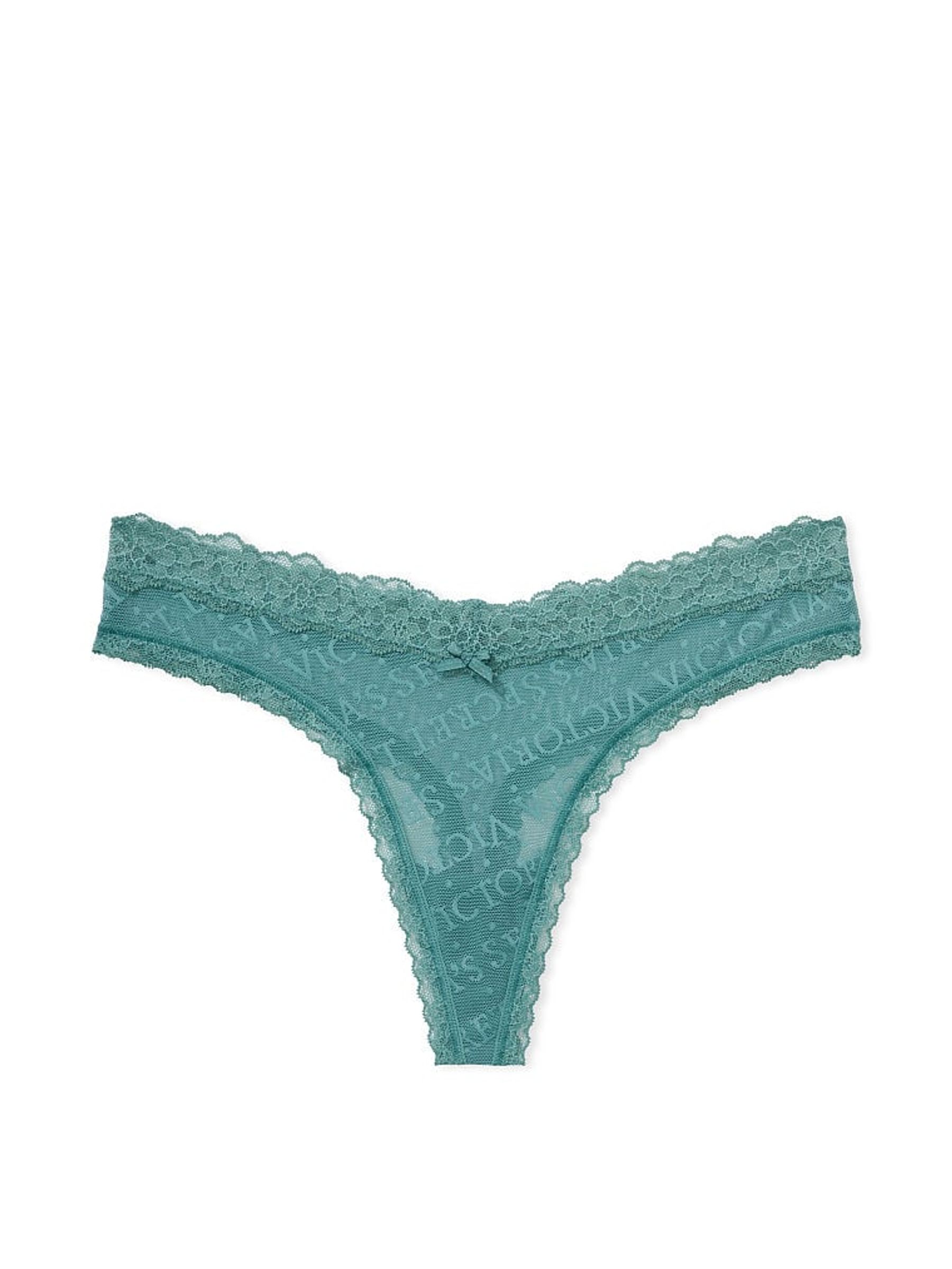 French Sage Green Lace Logo Thong Knickers - Image 3 of 3