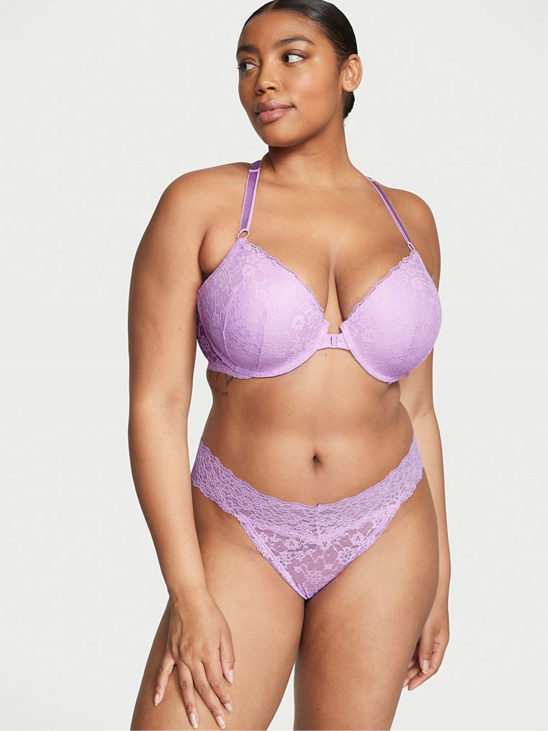 Silky Lilac Purple Thong Lace Knickers - Image 1 of 3