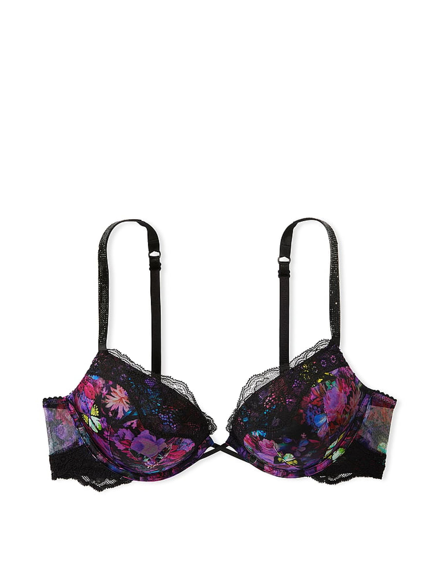 Moody Floral Black Lace Shine Strap Add 2 Cups Push Up Bombshell Bra - Image 3 of 3
