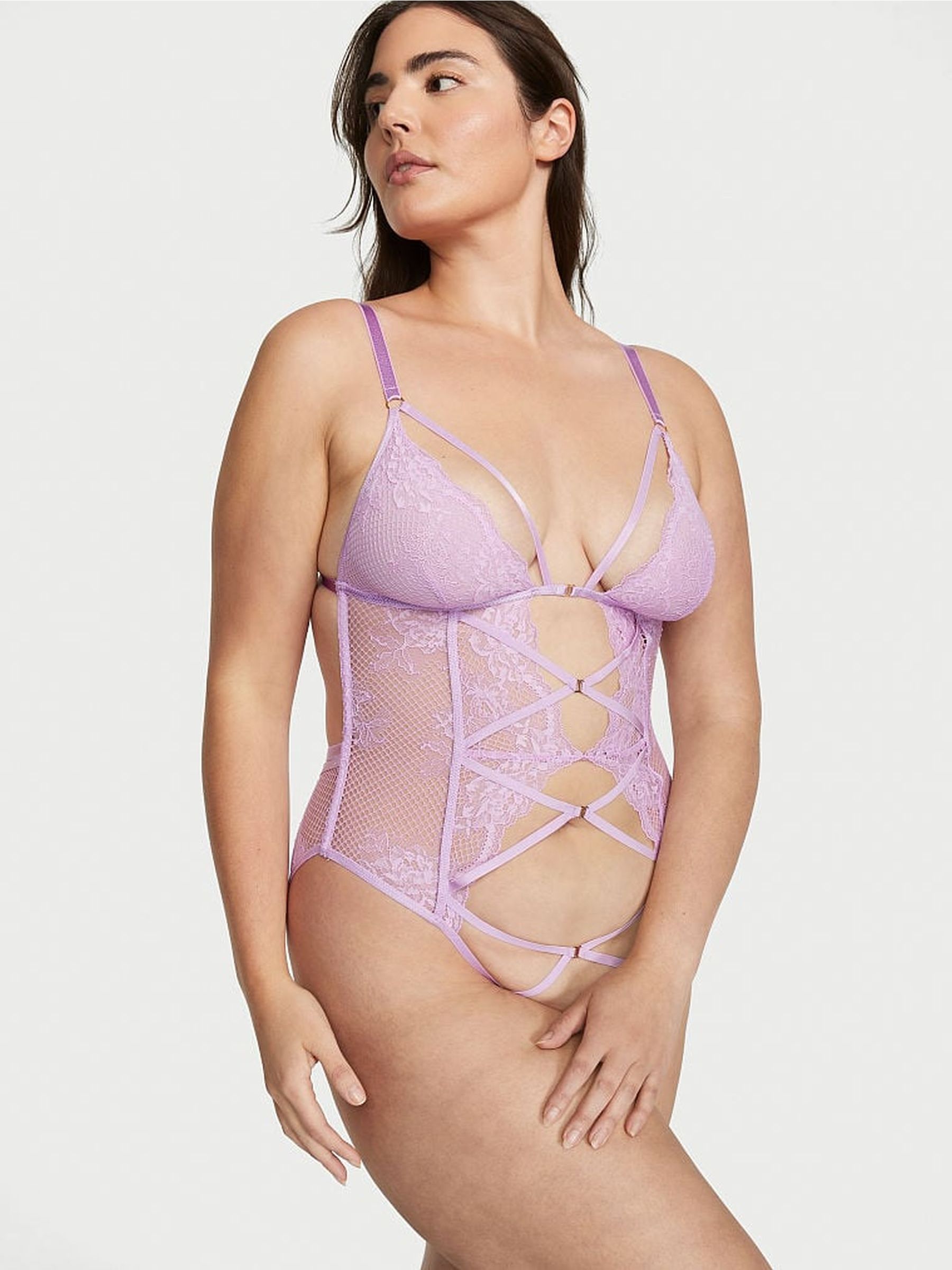 Silky Lilac Purple Fishnet Floral Cutout Bodysuit - Image 1 of 3