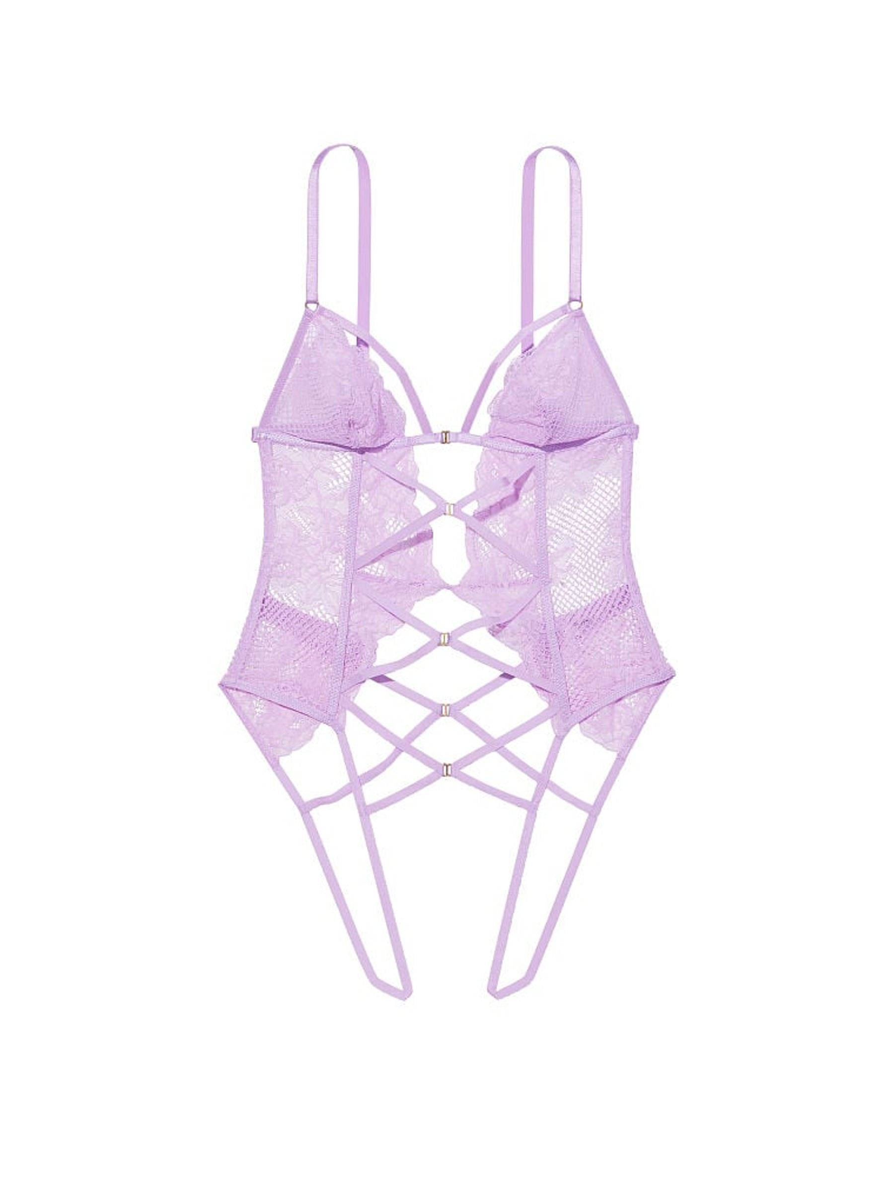 Silky Lilac Purple Fishnet Floral Cutout Bodysuit - Image 3 of 3