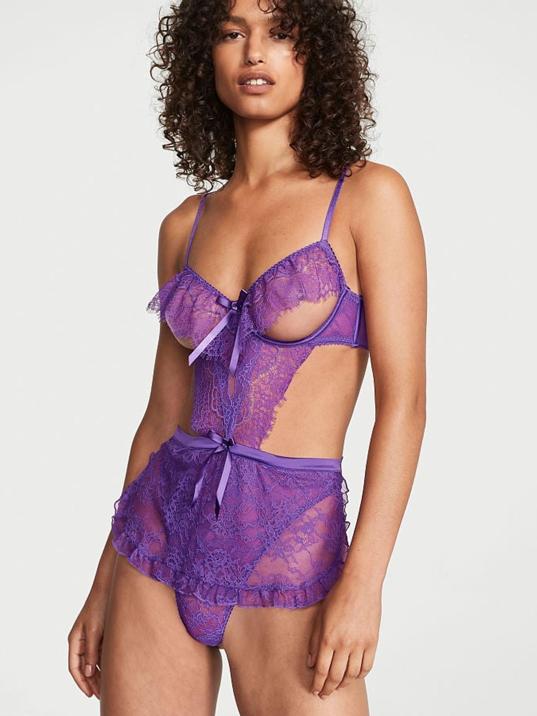 Violetta Purple Lace Lace Cut Out Apron Bodysuit - Image 1 of 3