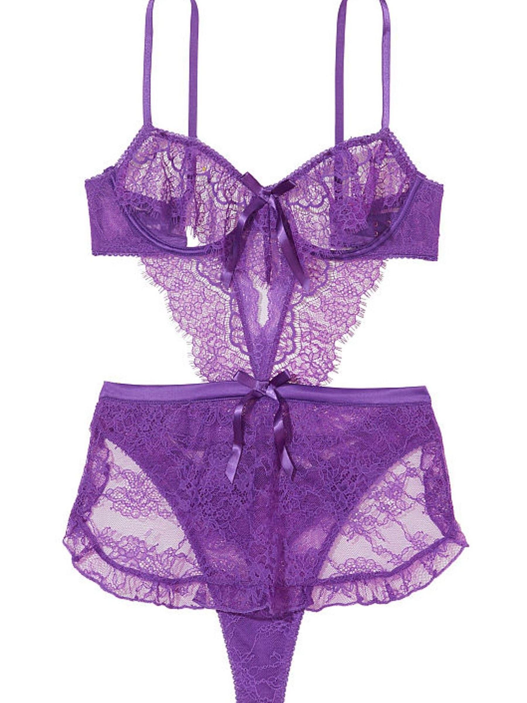Violetta Purple Lace Lace Cut Out Apron Bodysuit - Image 3 of 3