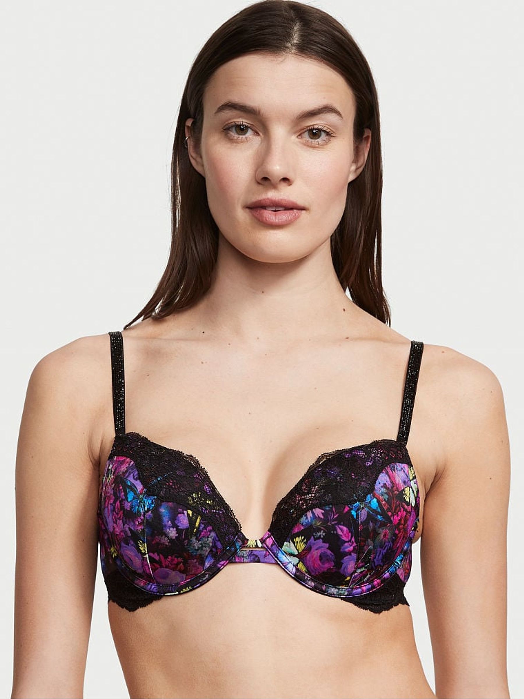 Moody Floral Black Lace Shine Strap Push Up Bra - Image 1 of 4