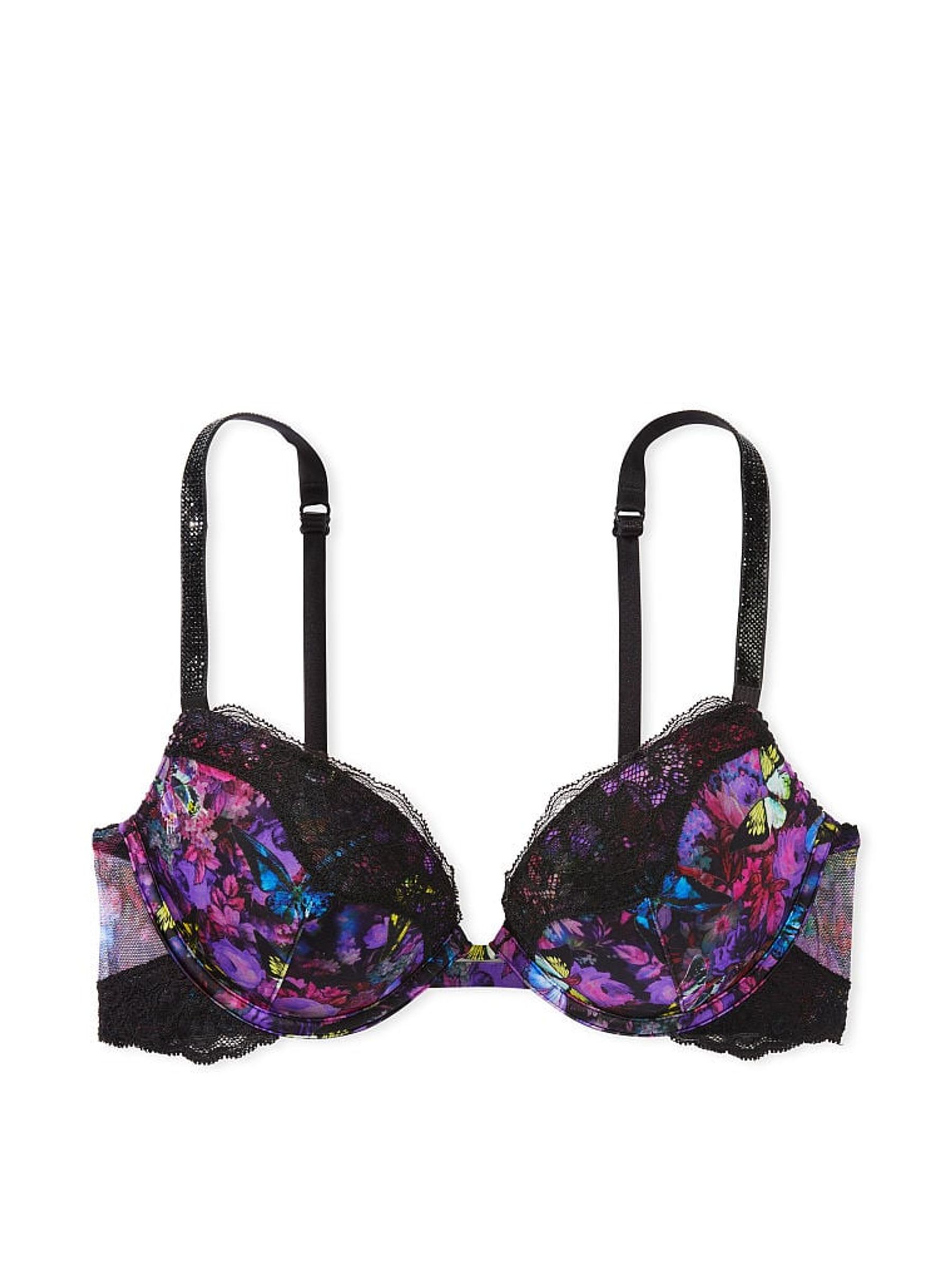 Moody Floral Black Lace Shine Strap Push Up Bra - Image 3 of 4