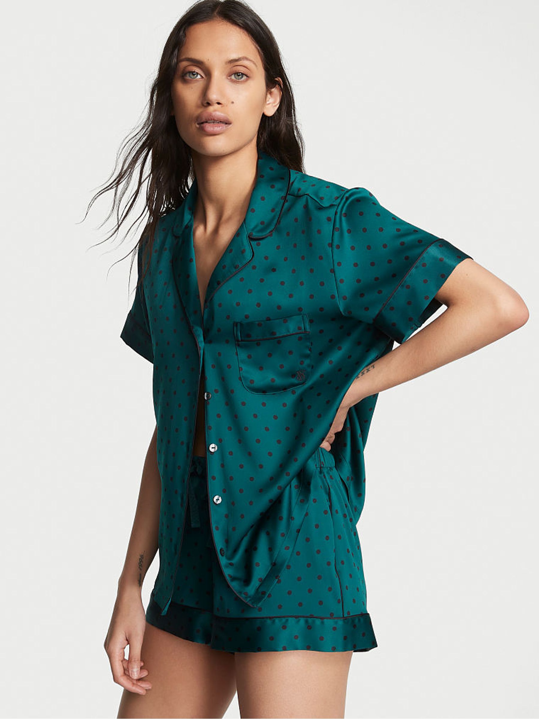 Black Ivy Green Dot Satin Short Pyjamas - Image 1 of 3