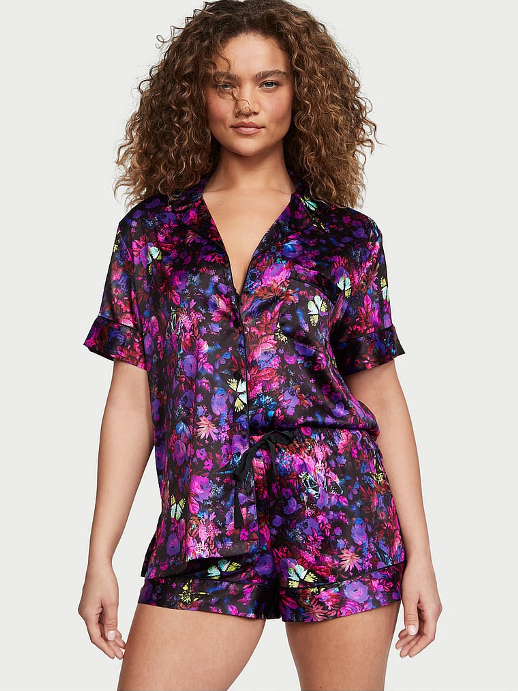 Black Moody Floral Satin Short Pyjamas - Image 1 of 3 Black Moody Floral Satin Short Pyjamas - Image 1 of 3