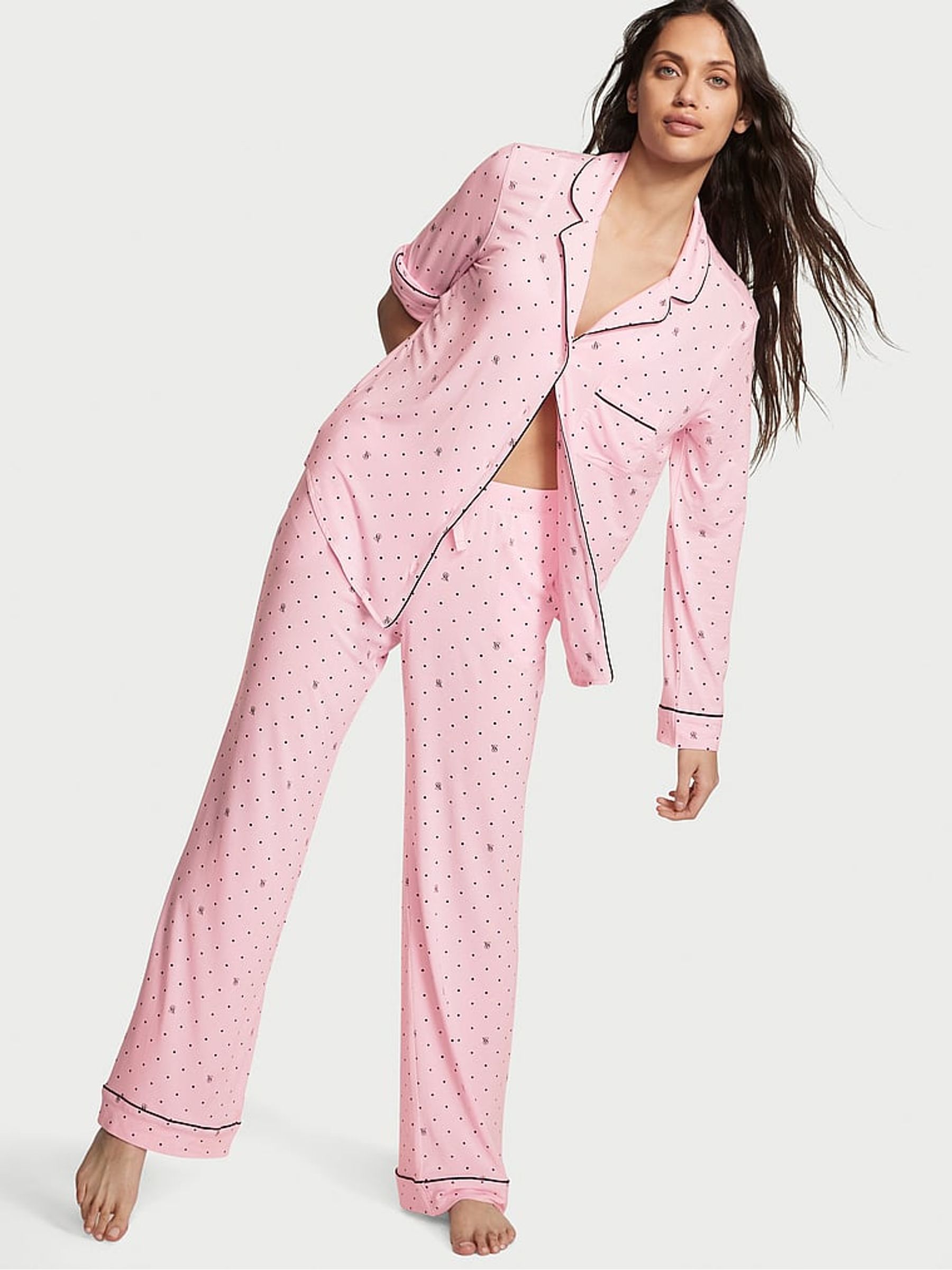 Pretty Blossom Pink Logo Pin Dot Modal Long Pyjamas - Image 1 of 3
