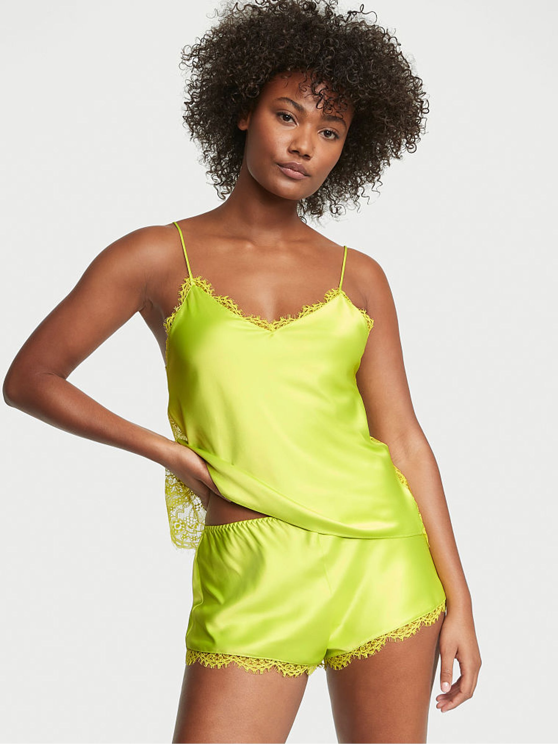 Lime Citron Yellow Satin and Lace Cami Set - Image 1 of 3
