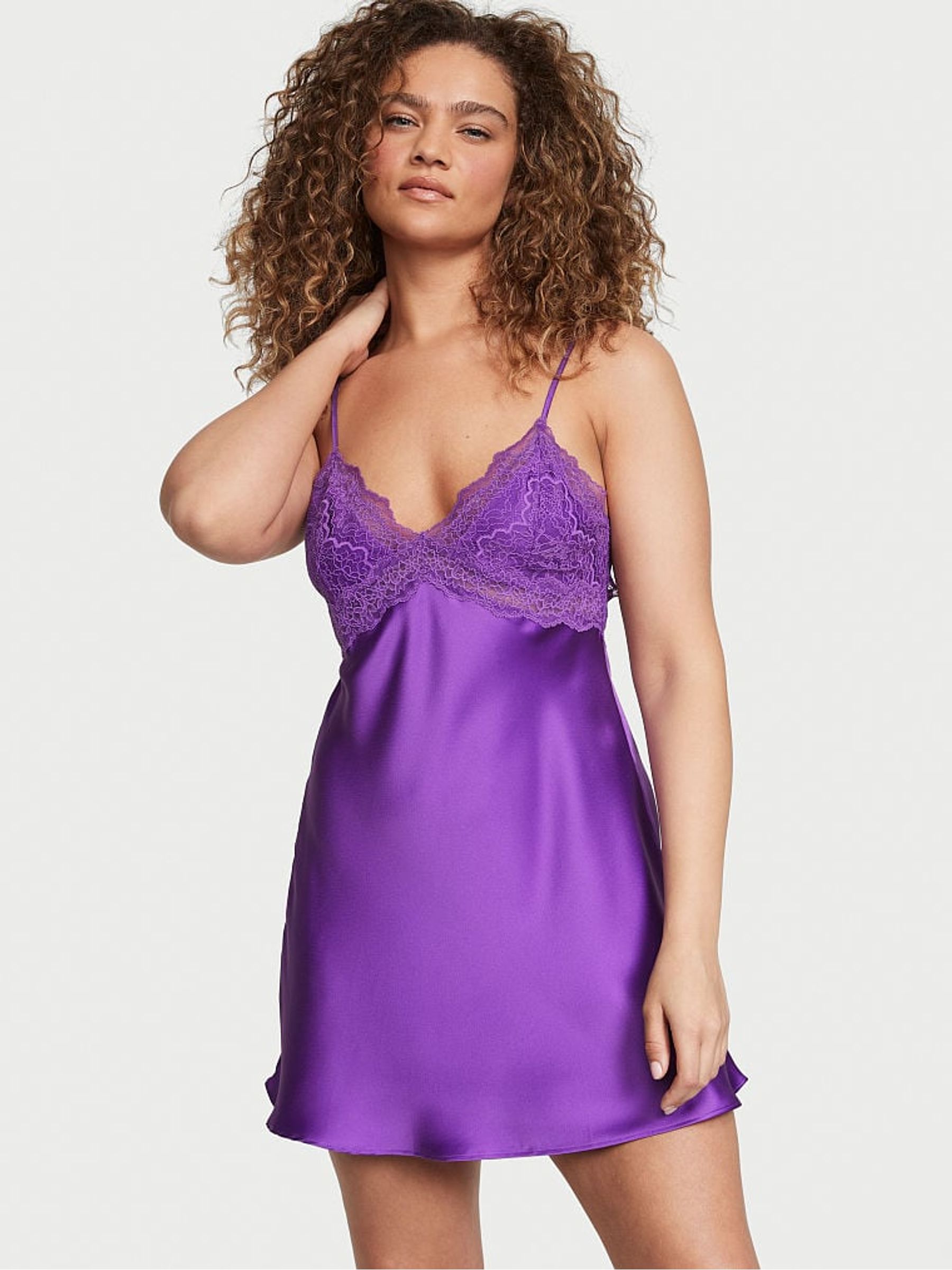 Violetta Purple Satin Lace Plunge Open  Back Slip Dress - Image 1 of 3