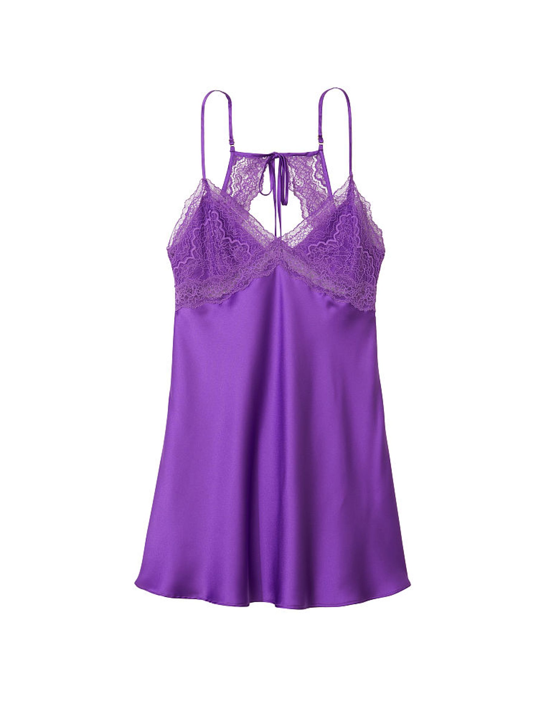 Violetta Purple Satin Lace Plunge Open  Back Slip Dress - Image 3 of 3