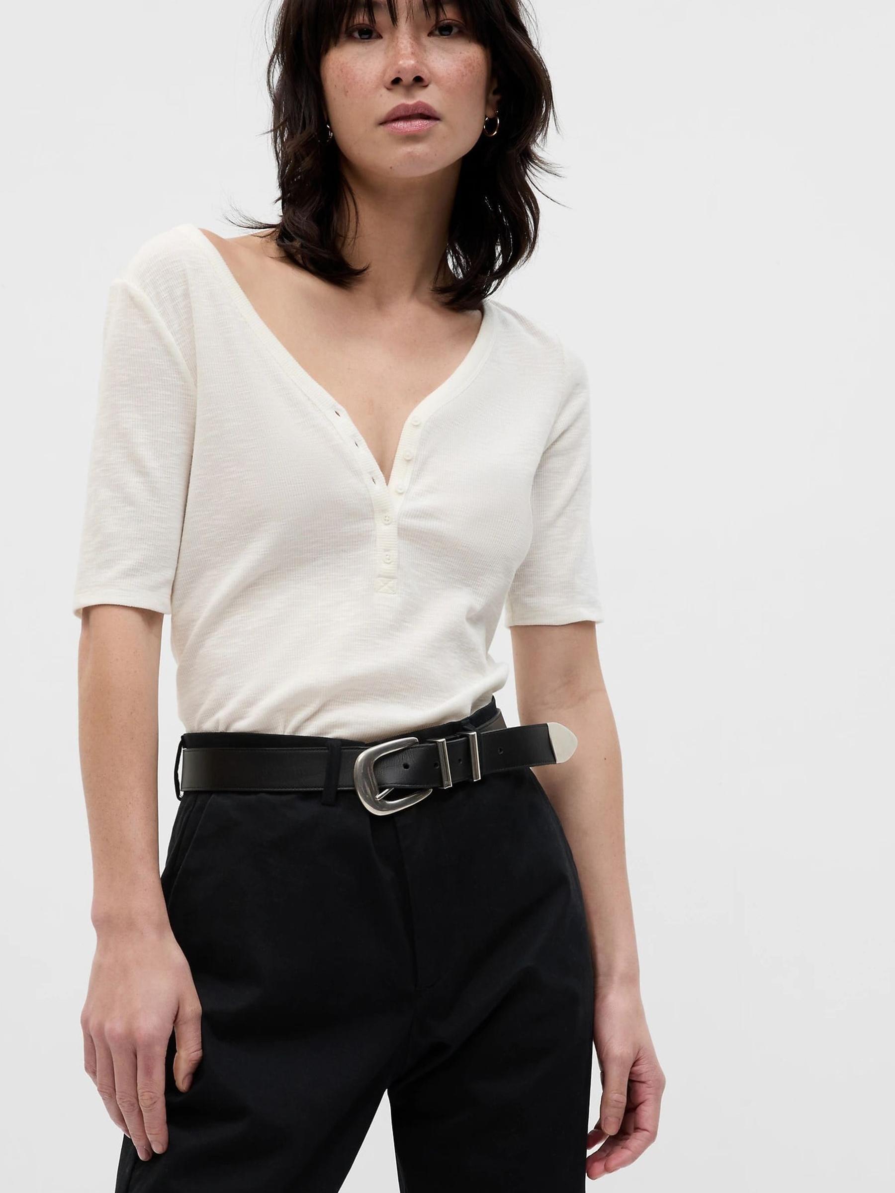 White Ribbed Short Sleeve V-Neck Henley T-Shirt - Image 1 of 3