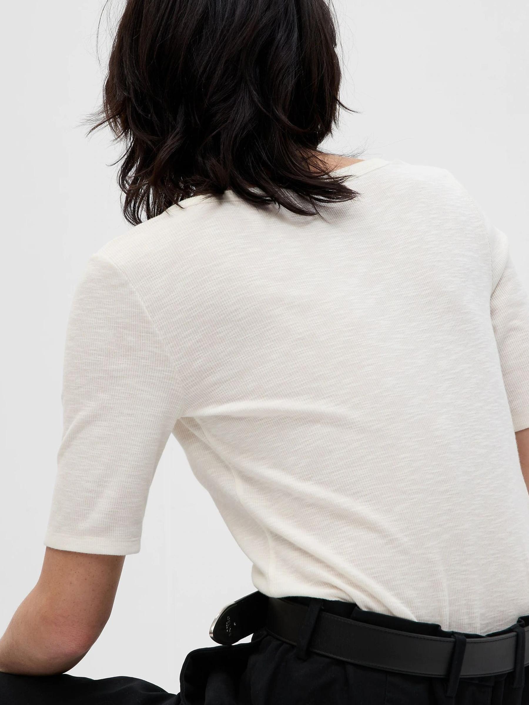 White Ribbed Short Sleeve V-Neck Henley T-Shirt - Image 2 of 3