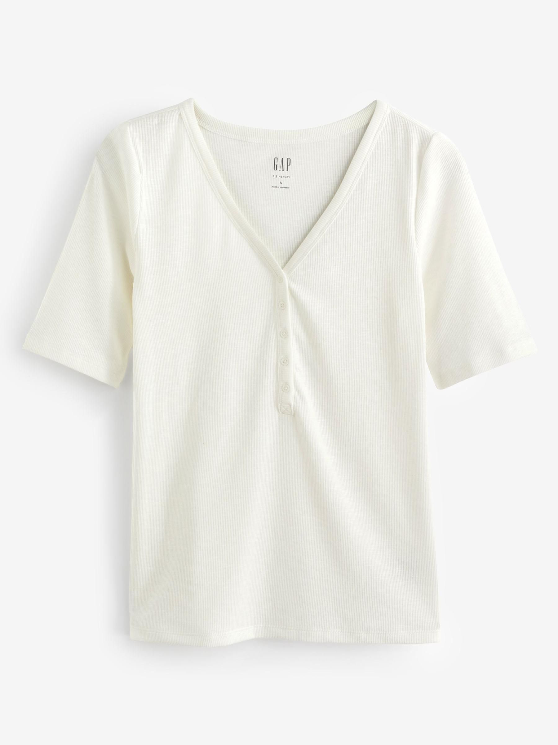 White Ribbed Short Sleeve V-Neck Henley T-Shirt - Image 3 of 3