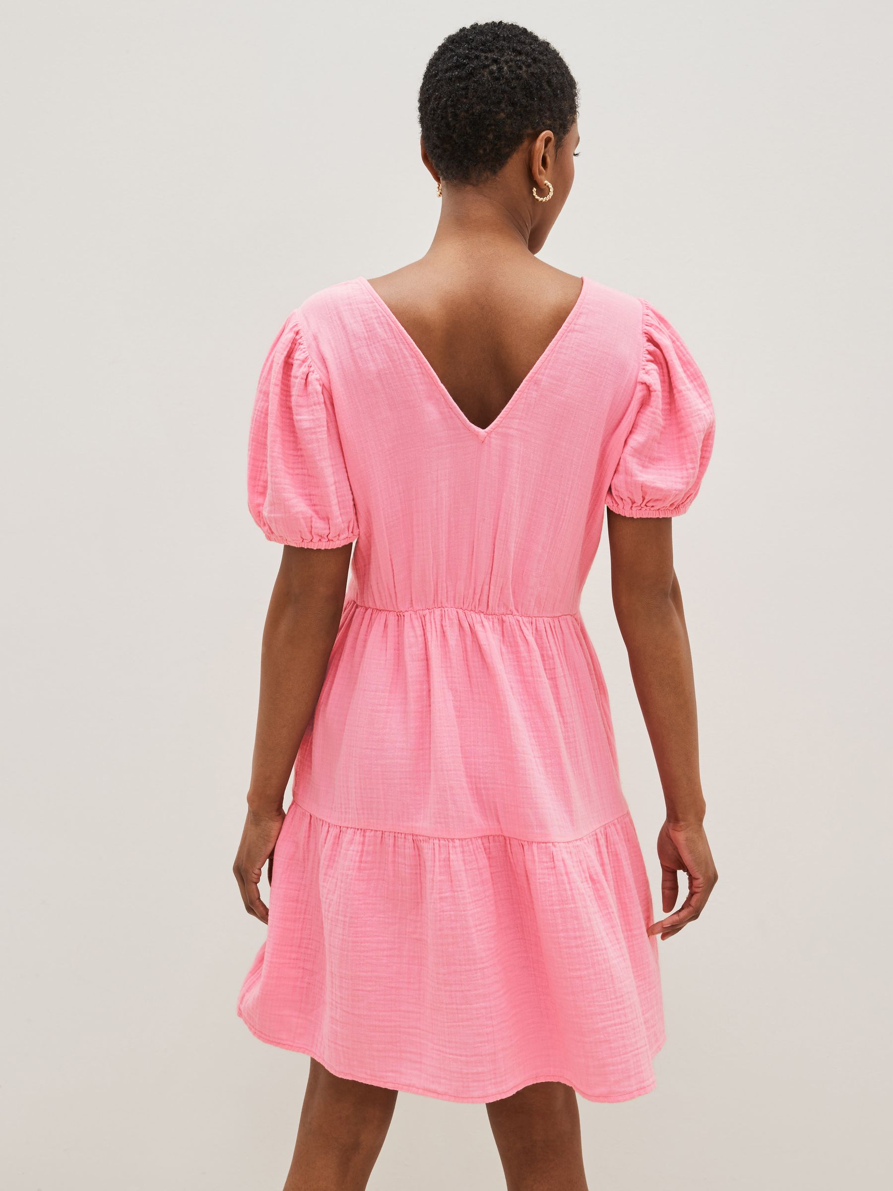 Pink Crinkle Gauze Puff Sleeve Tiered Mini Dress - Image 2 of 4