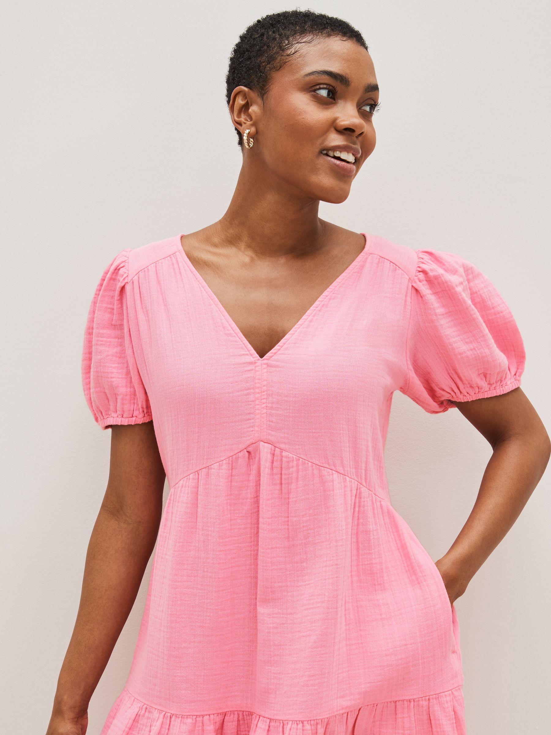 Pink Crinkle Gauze Puff Sleeve Tiered Mini Dress - Image 3 of 4