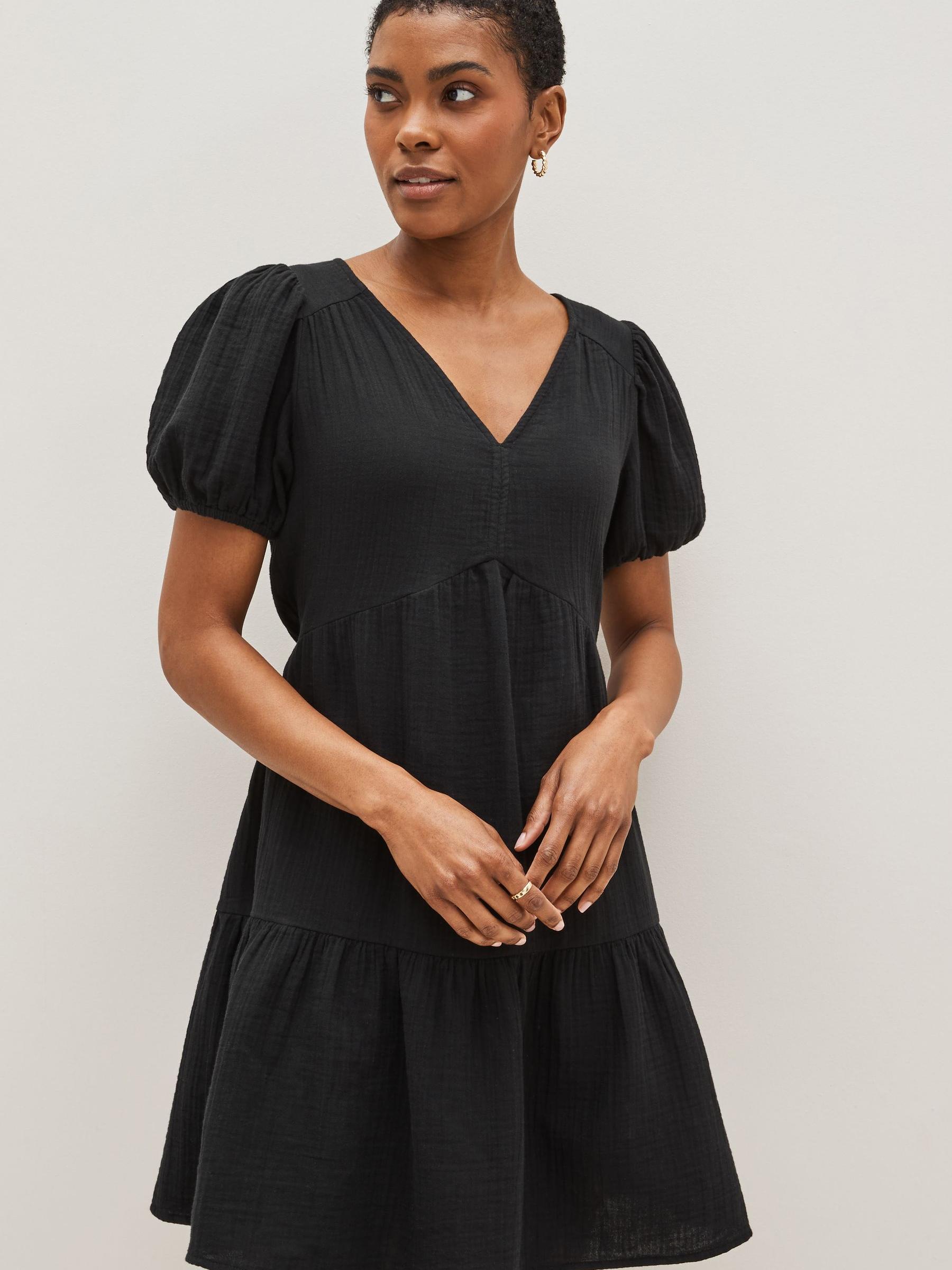 Black Crinkle Gauze Puff Sleeve Tiered Mini Dress - Image 1 of 4