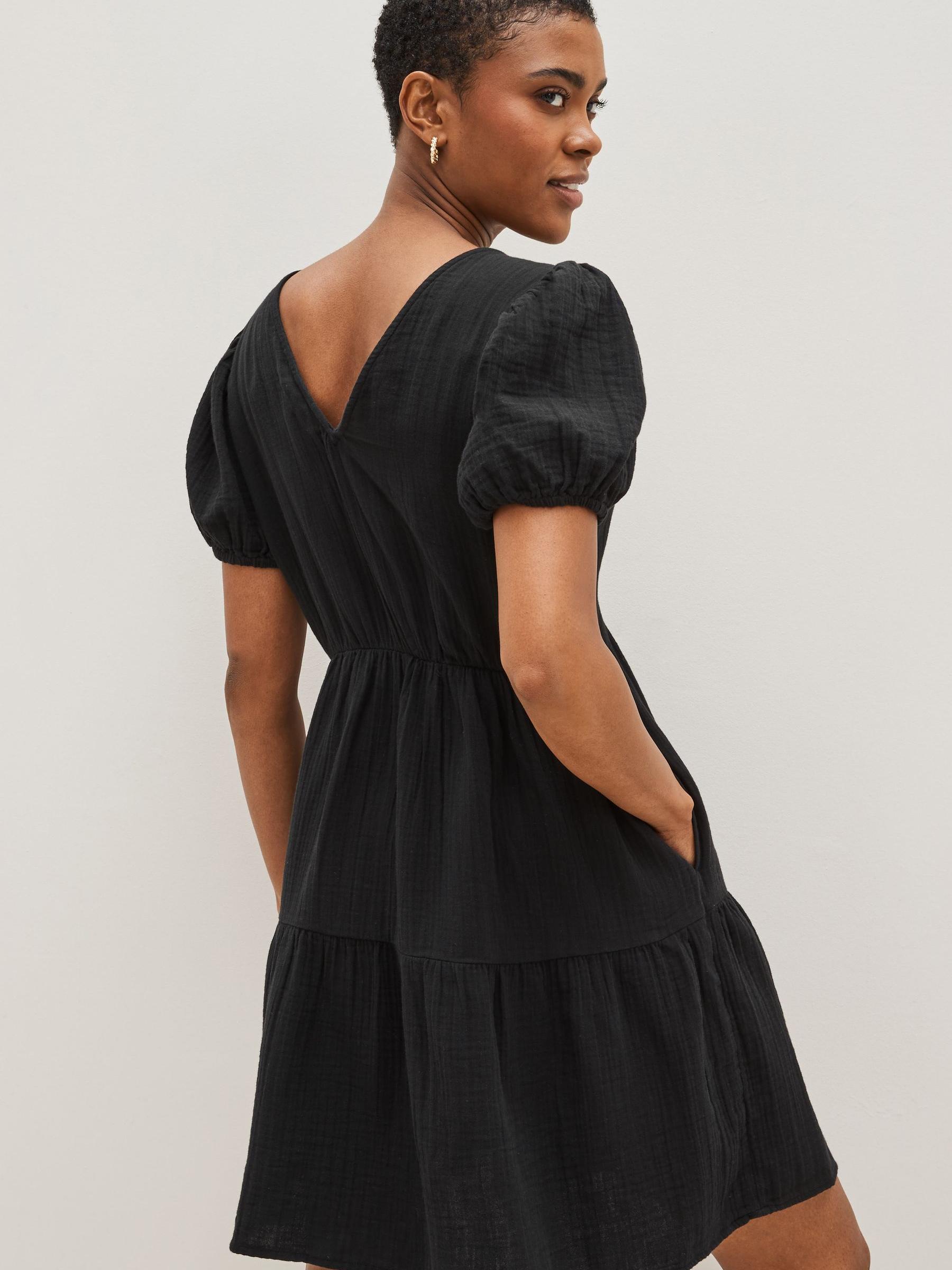 Black Crinkle Gauze Puff Sleeve Tiered Mini Dress - Image 2 of 4