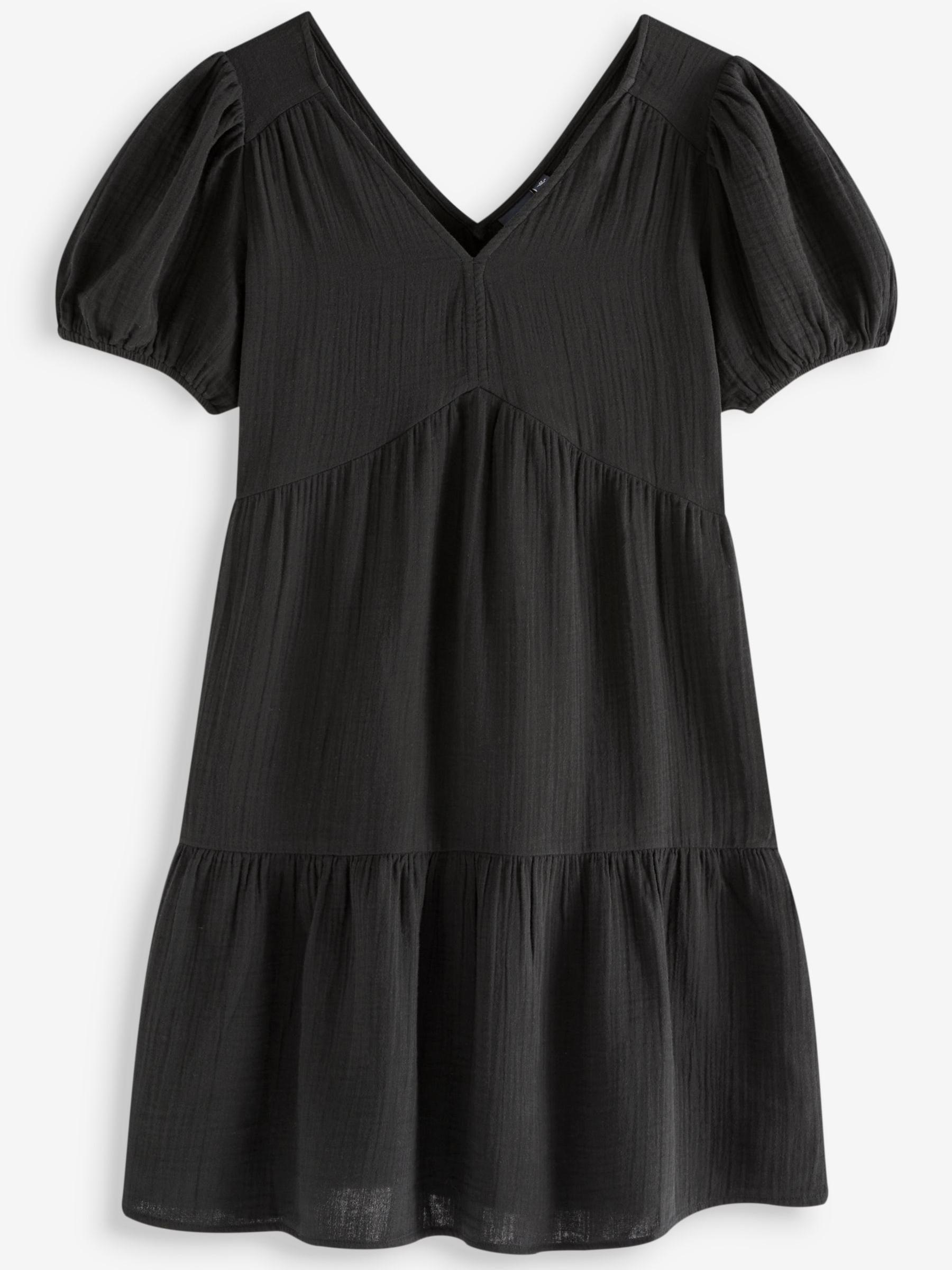 Black Crinkle Gauze Puff Sleeve Tiered Mini Dress - Image 4 of 4