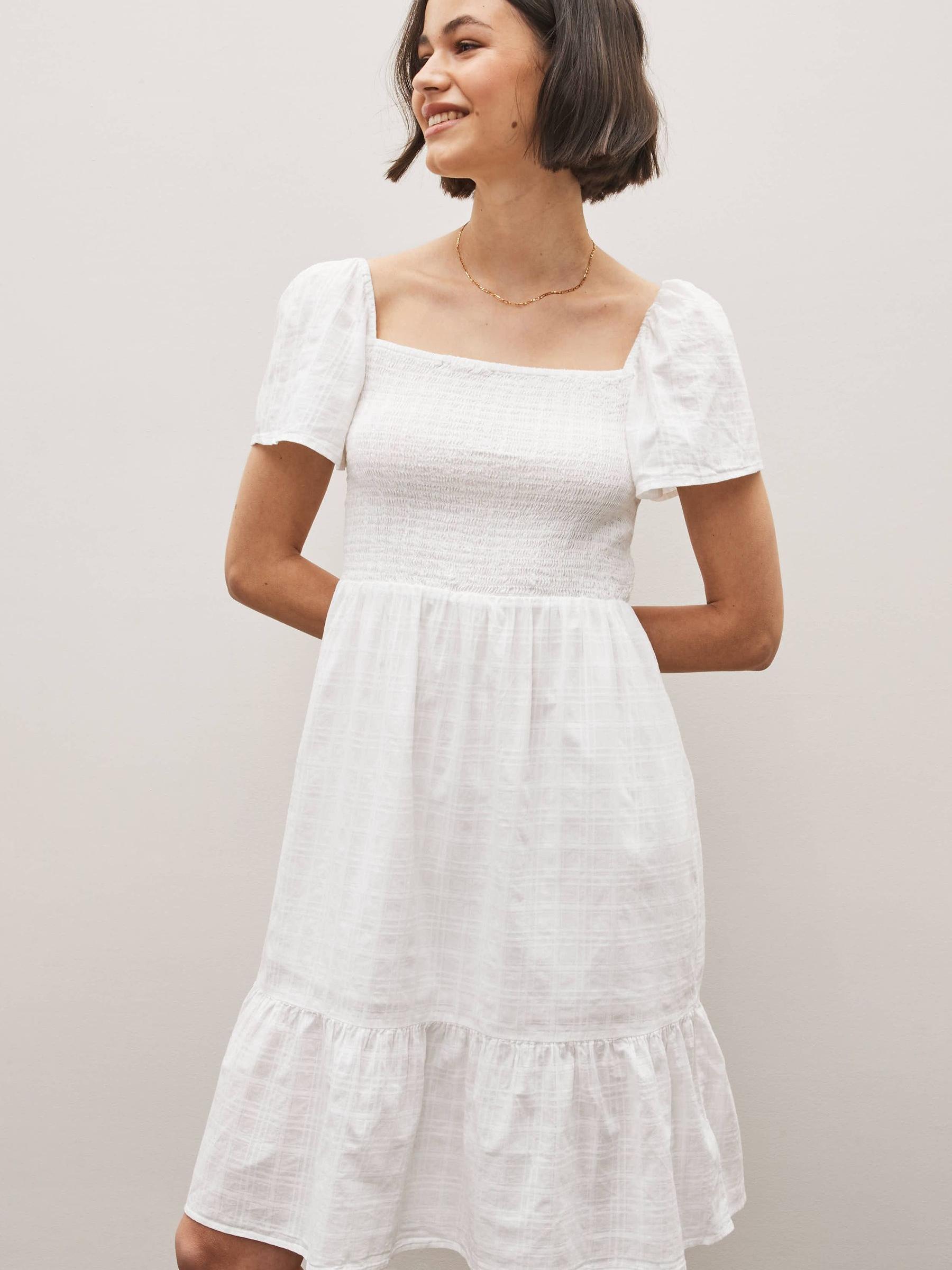 White Smocked Squareneck Short Sleeve Midi Dress - Image 1 of 4