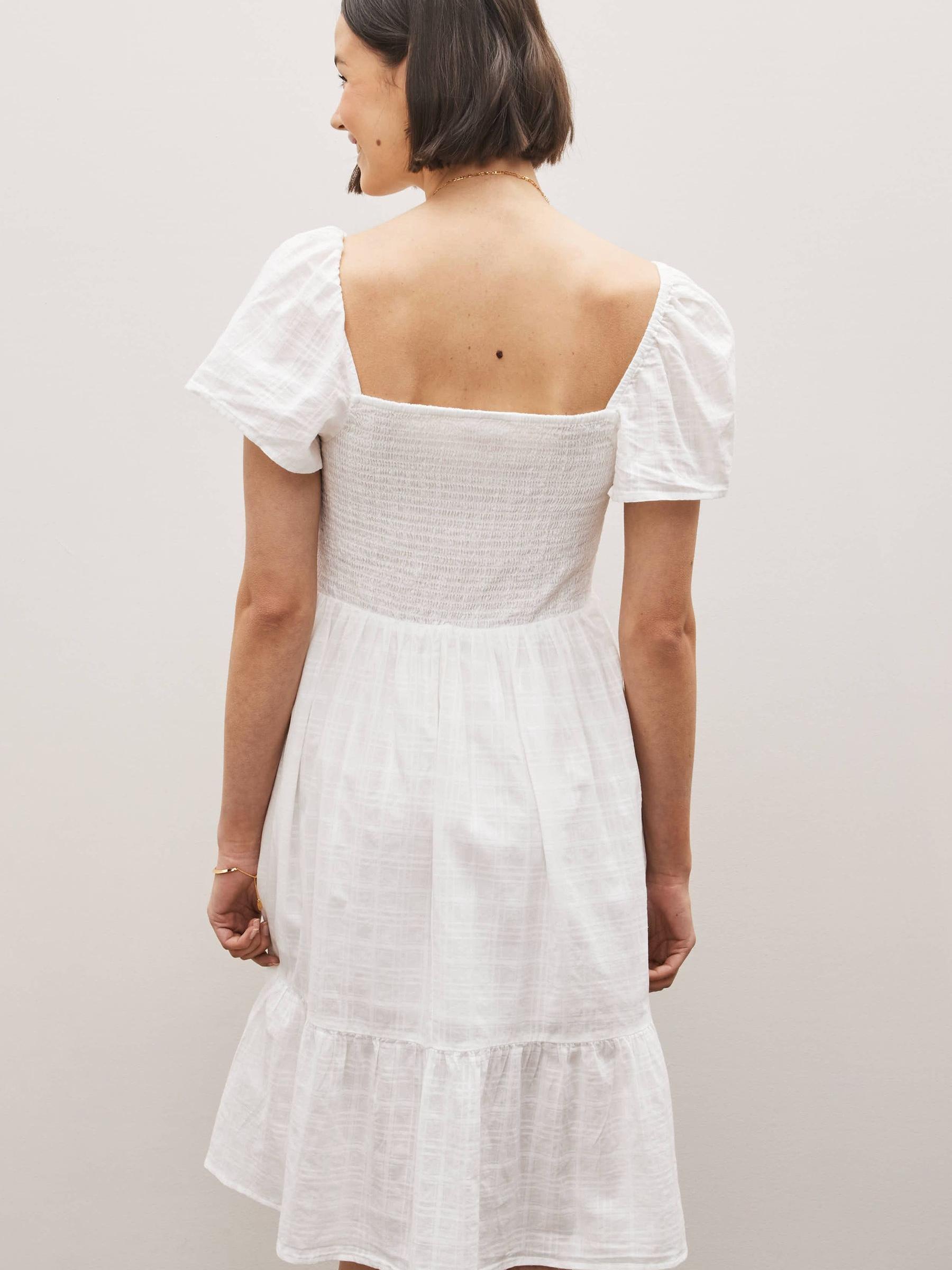 White Smocked Squareneck Short Sleeve Midi Dress - Image 2 of 4