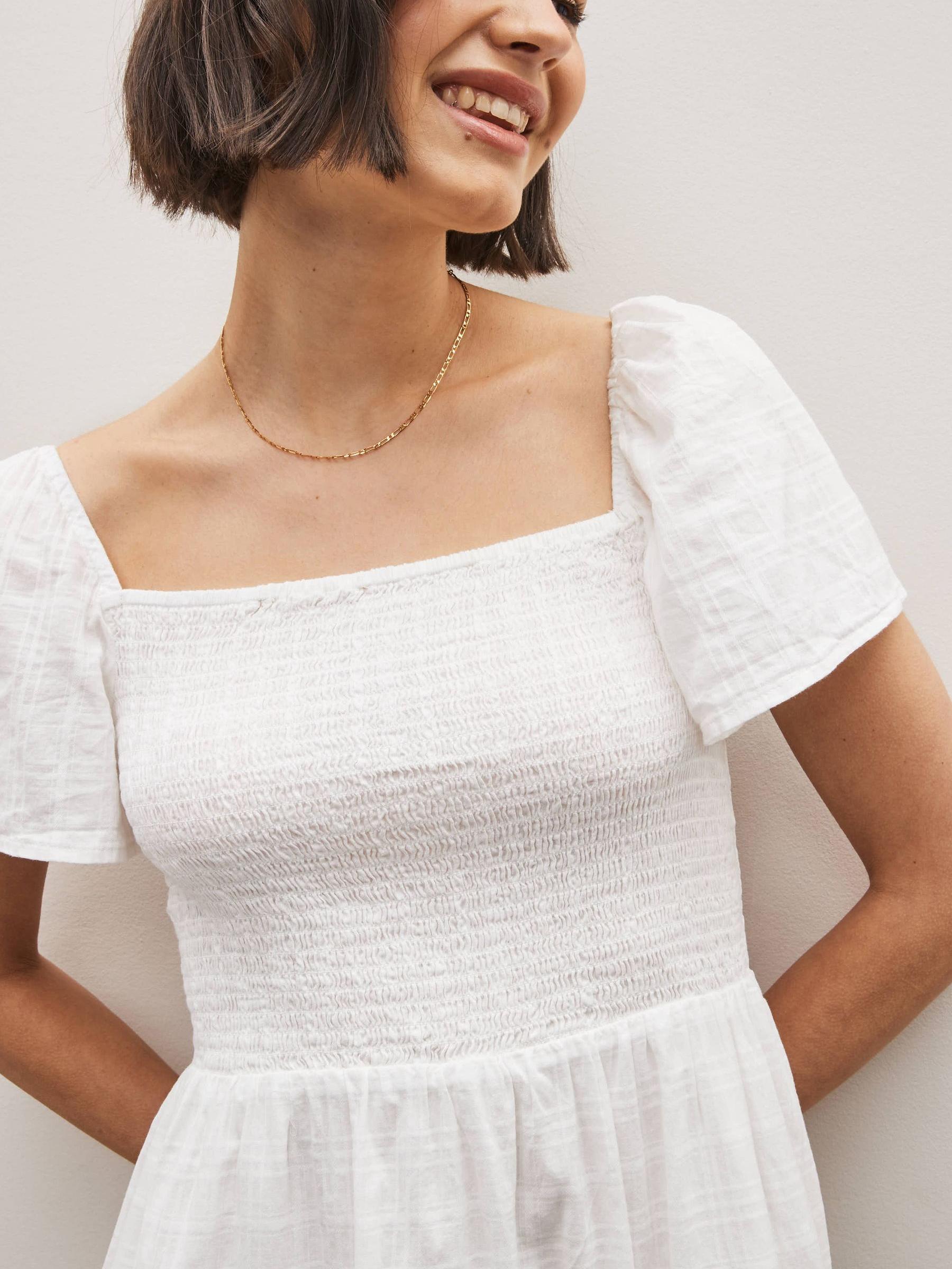 White Smocked Squareneck Short Sleeve Midi Dress - Image 3 of 4