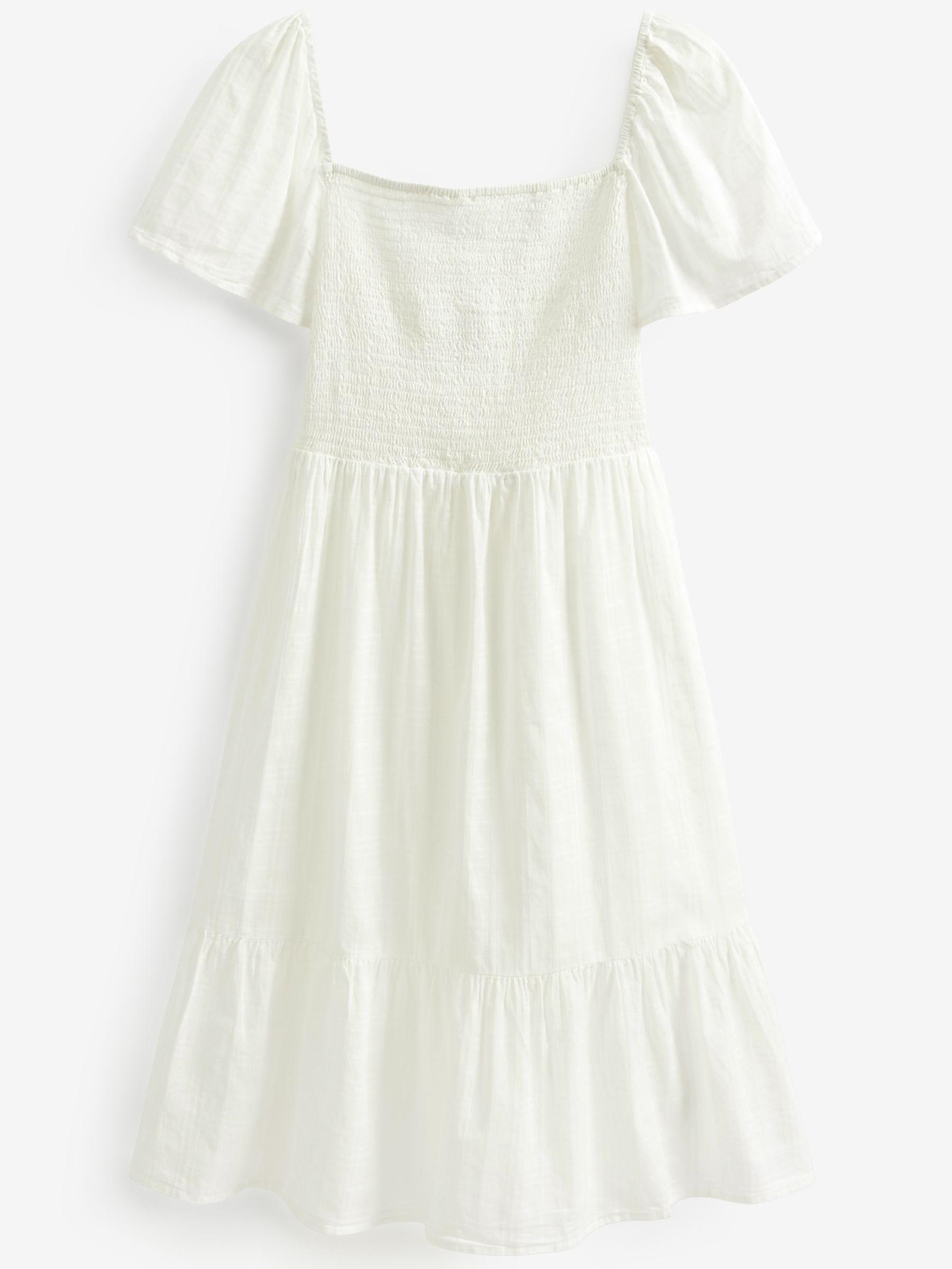 White Smocked Squareneck Short Sleeve Midi Dress - Image 4 of 4