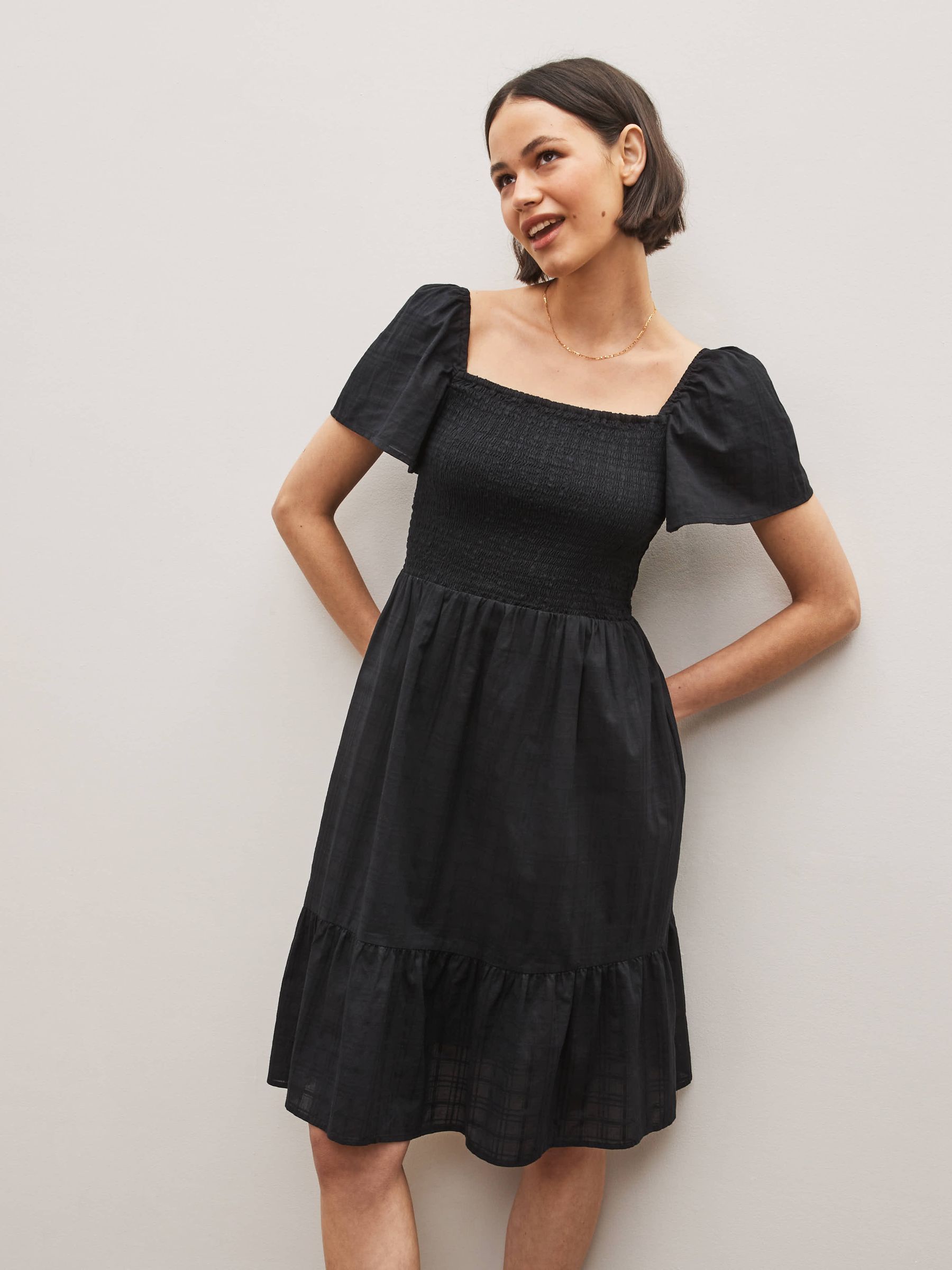 Black Smocked Squareneck Short Sleeve Midi Dress - Image 1 of 4