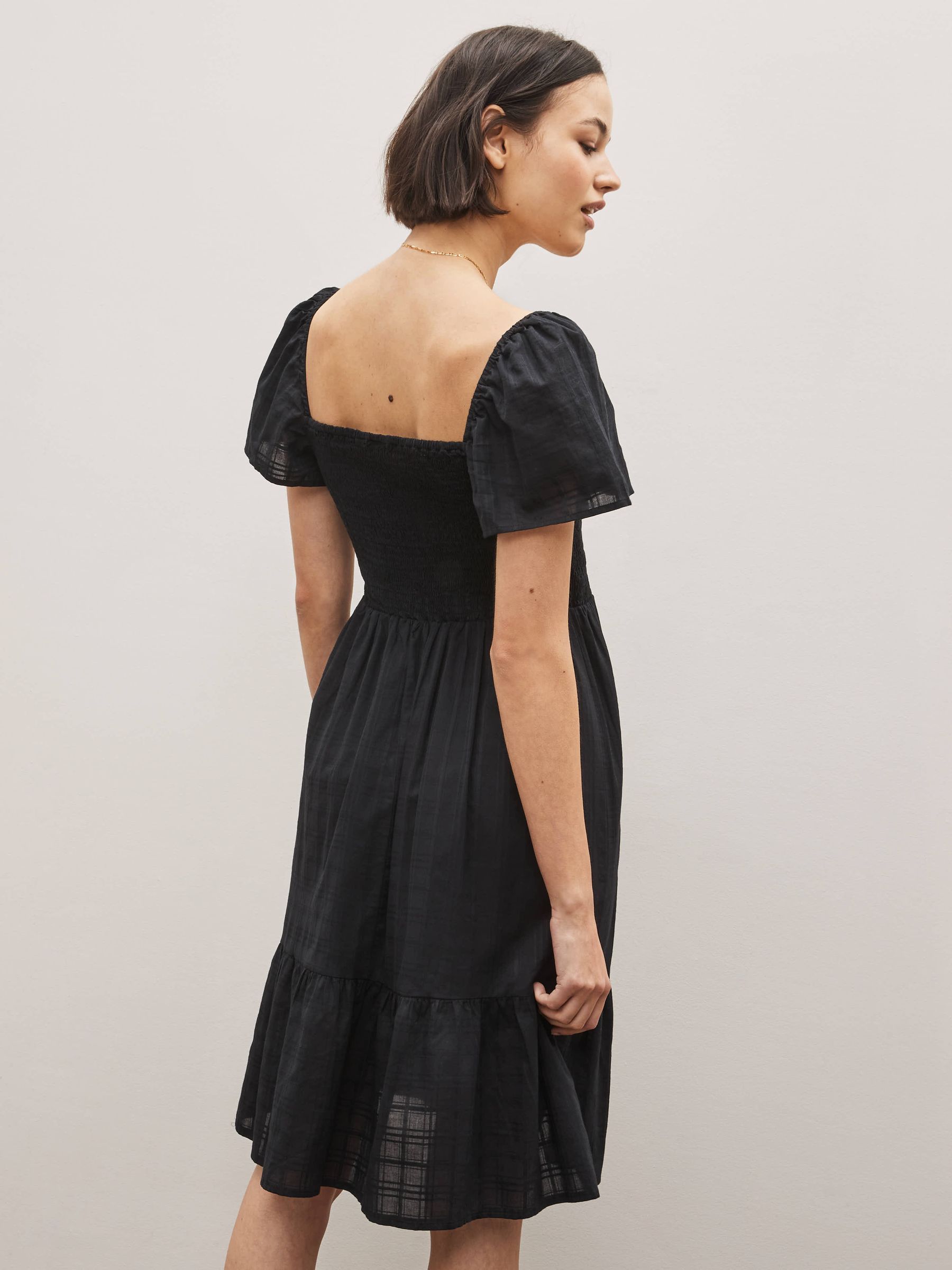 Black Smocked Squareneck Short Sleeve Midi Dress - Image 2 of 4